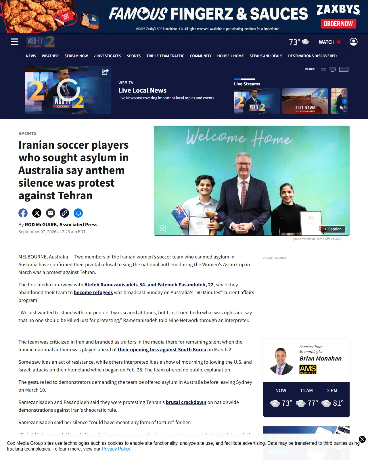 wsbtv.com as published: Iranian soccer players who sought asylum in Australia say anthem silence was protest against Tehran - WSB-TV