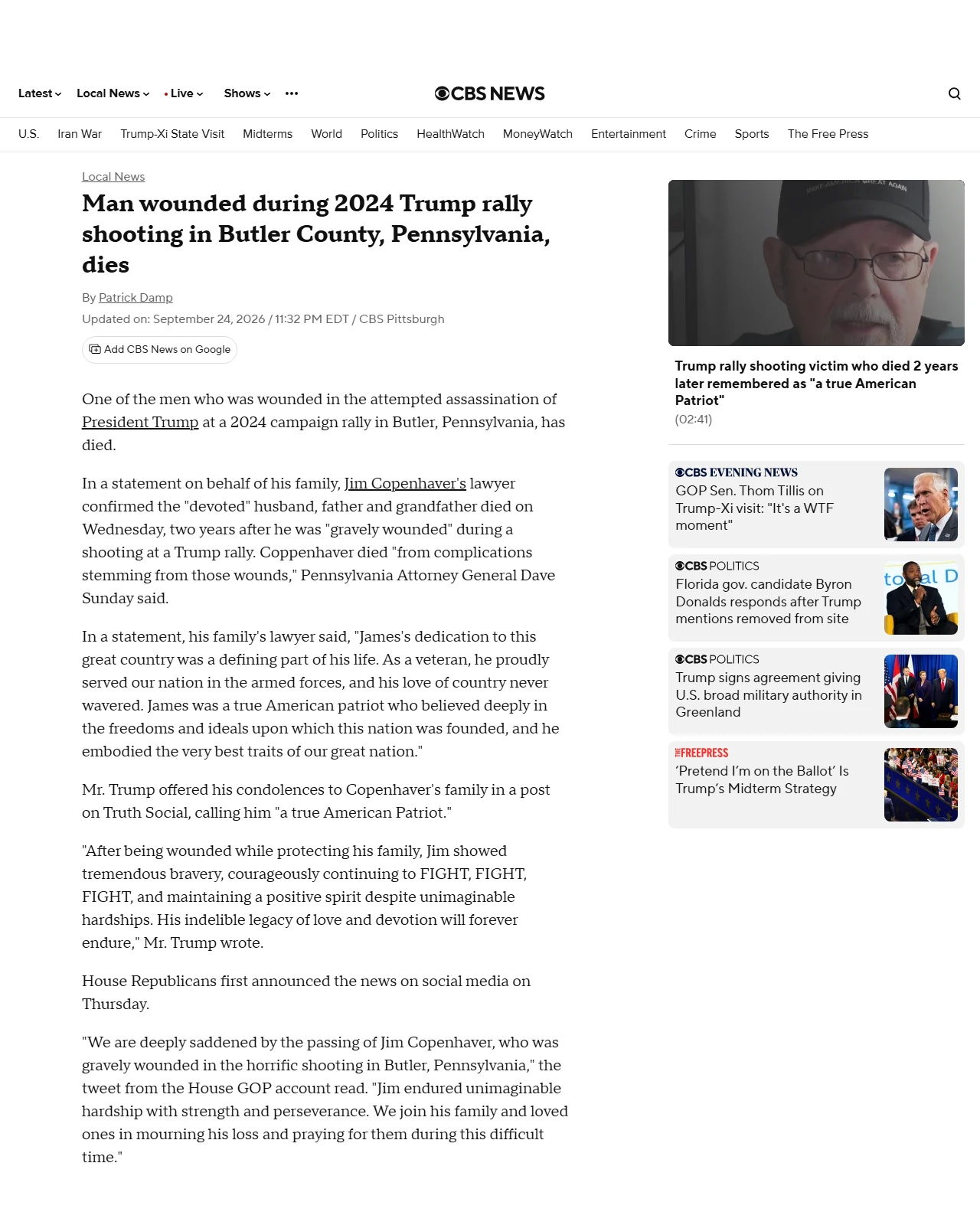 cbsnews.com as published: Man wounded during 2024 Trump rally shooting in Butler County dies