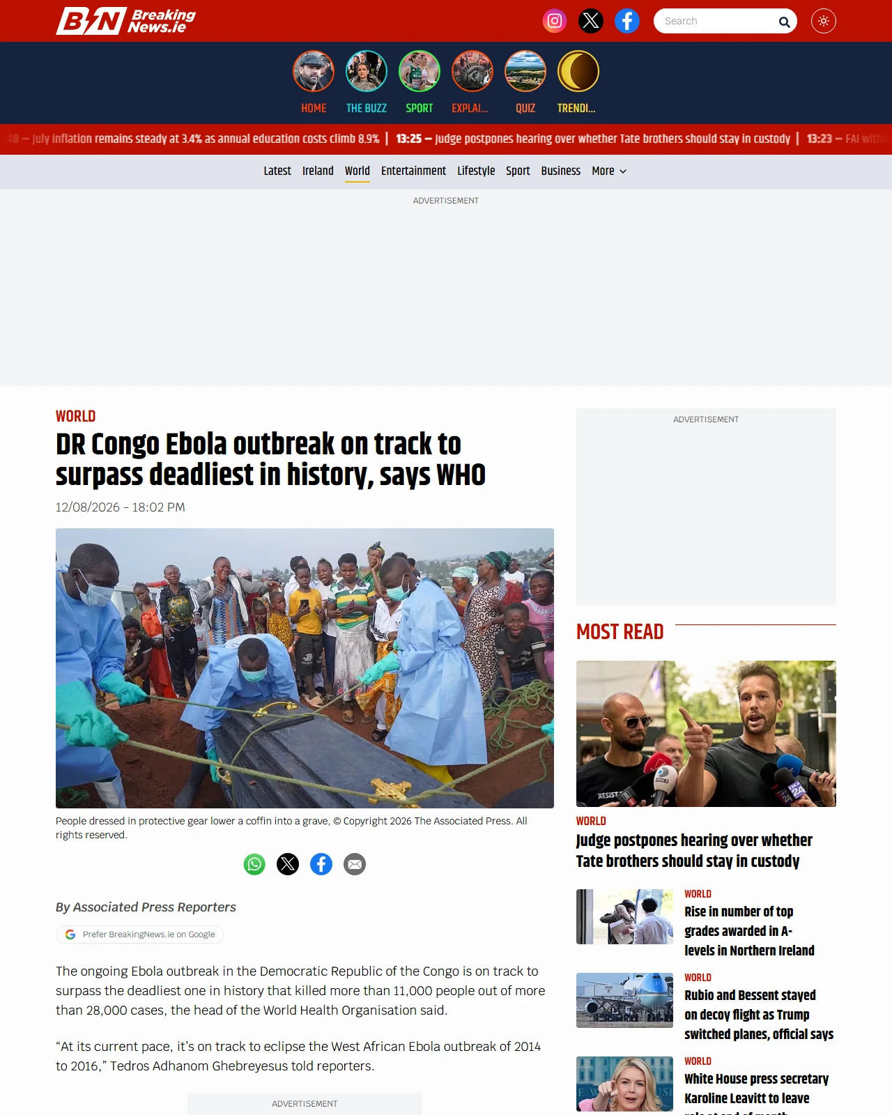 breakingnews.ie as published: DR Congo Ebola outbreak on track to surpass deadliest in history, says WHO