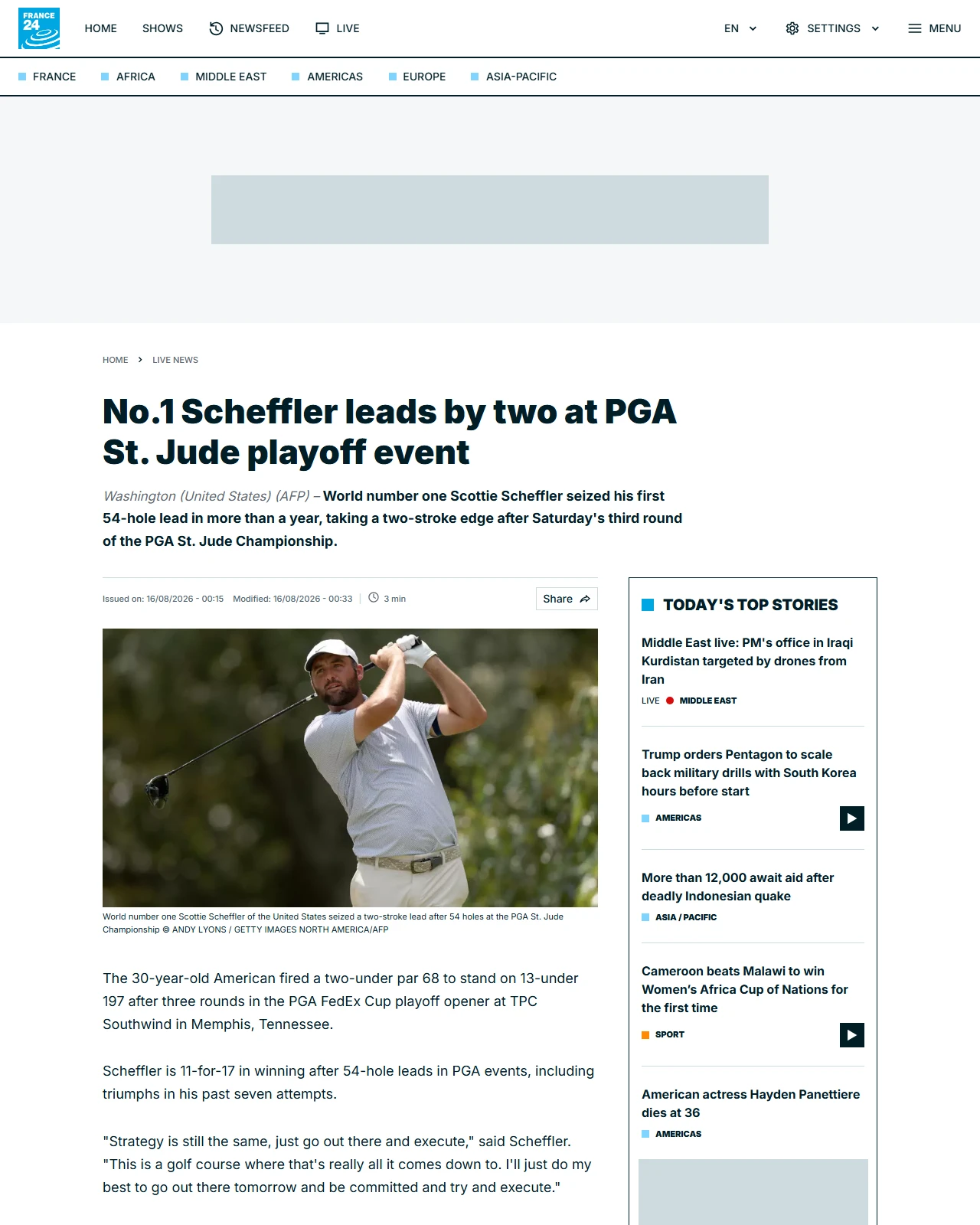 france24.com as published: No.1 Scheffler leads by two at PGA St. Jude playoff event