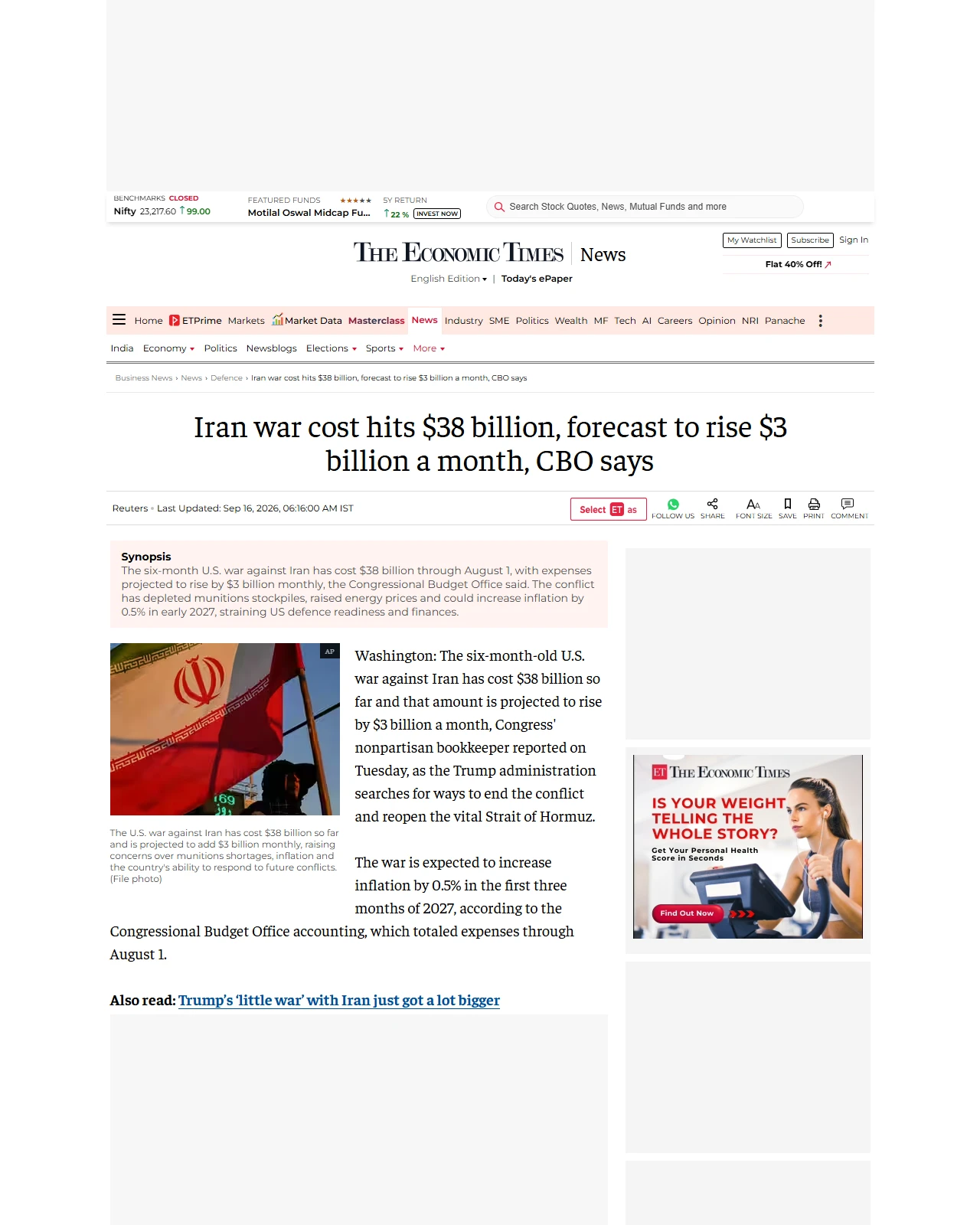 economictimes.com as published: Iran war cost hits $38 billion, forecast to rise $3 billion a month, CBO says