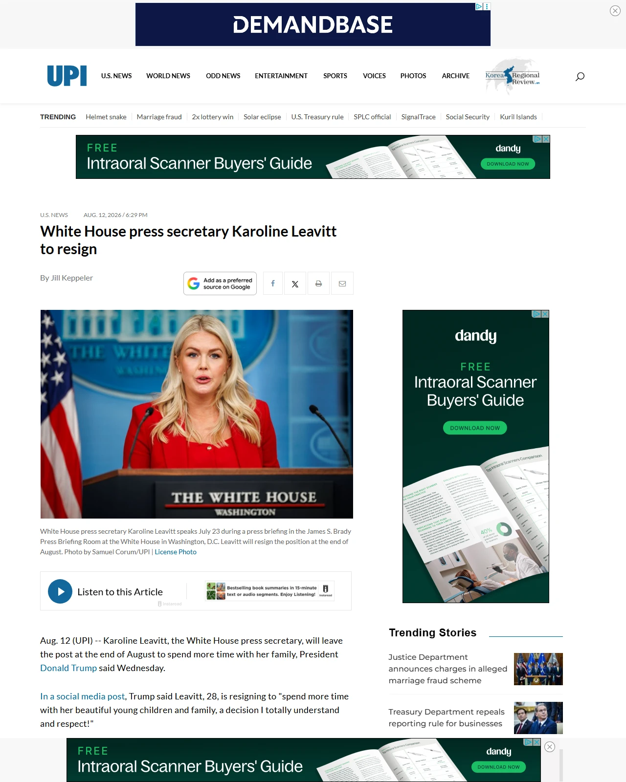 upi.com as published: White House press secretary Karoline Leavitt to resign