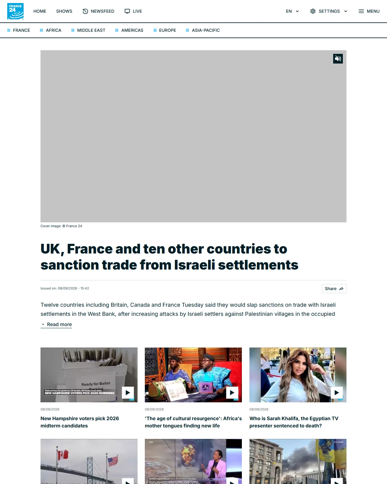 france24.com as published: UK, France and ten other countries to sanction trade from Israeli settlements