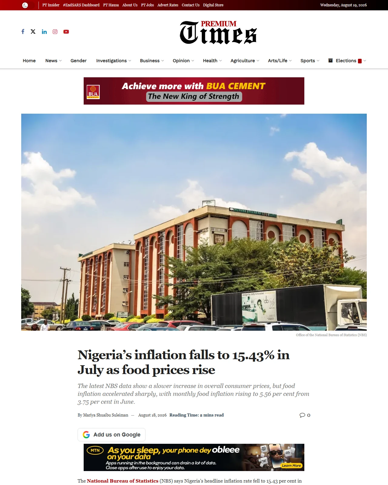 premiumtimesng.com as published: Nigeria’s inflation falls to 15.43% in July as food prices rise
