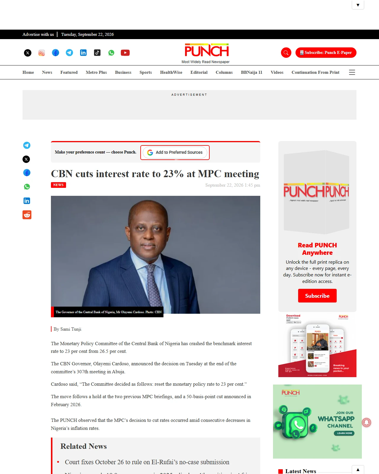 punchng.com as published: BREAKING: CBN cuts interest rate to 23% at MPC meeting