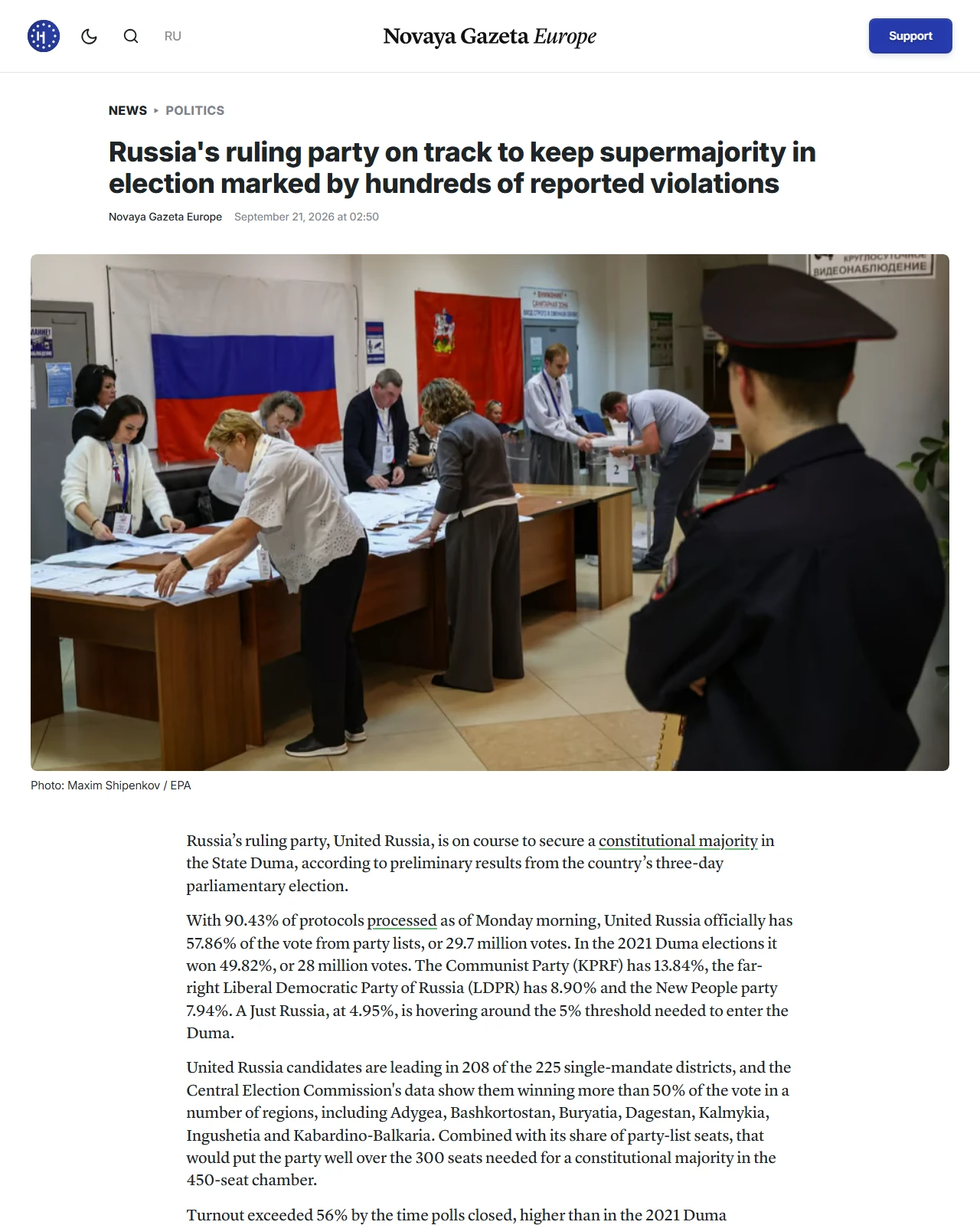 novayagazeta.eu as published: Russia's ruling party on track to keep supermajority in election marked by hundreds of reported violations