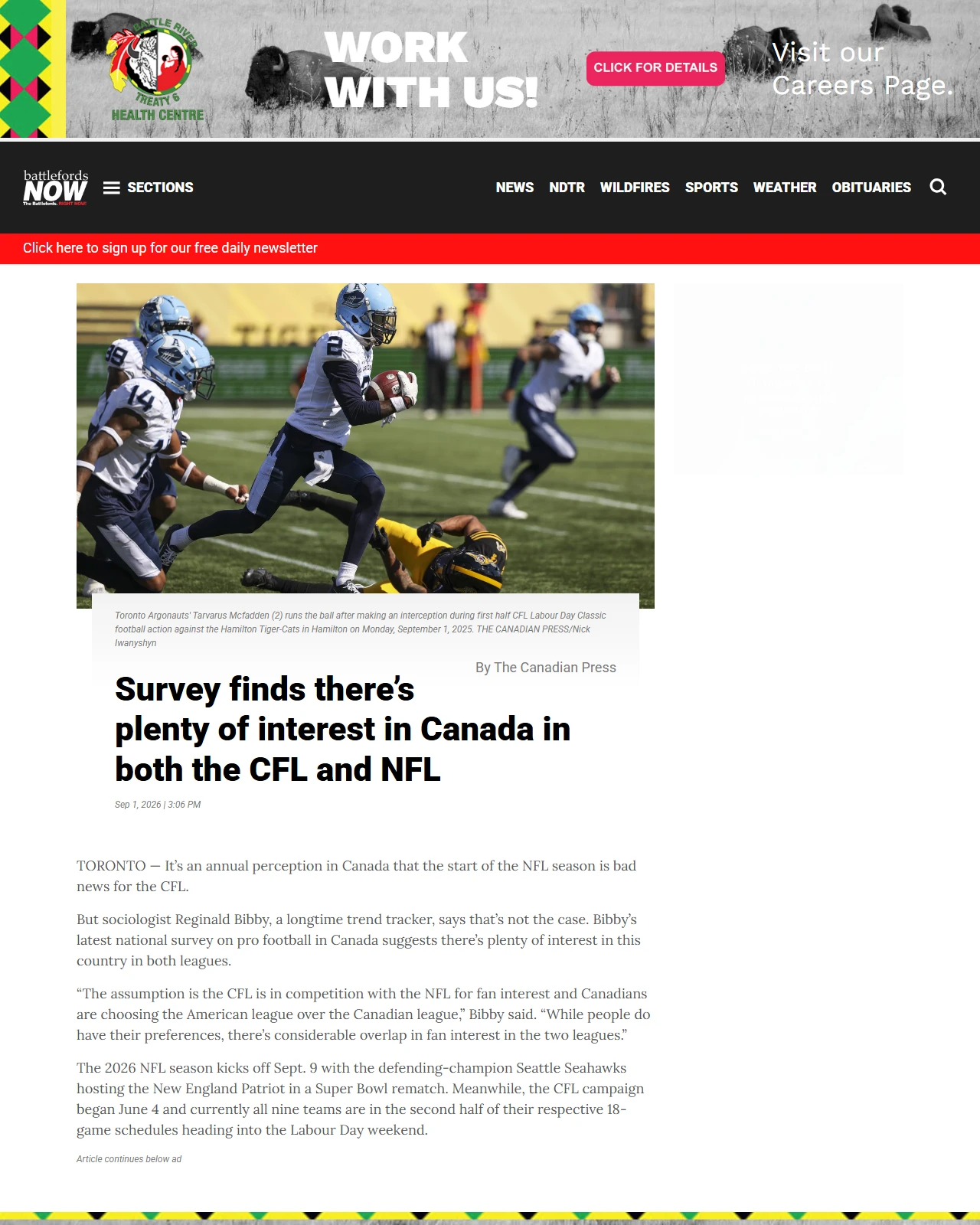 battlefordsnow.com as published: Survey finds there’s plenty of interest in Canada in both the CFL and NFL