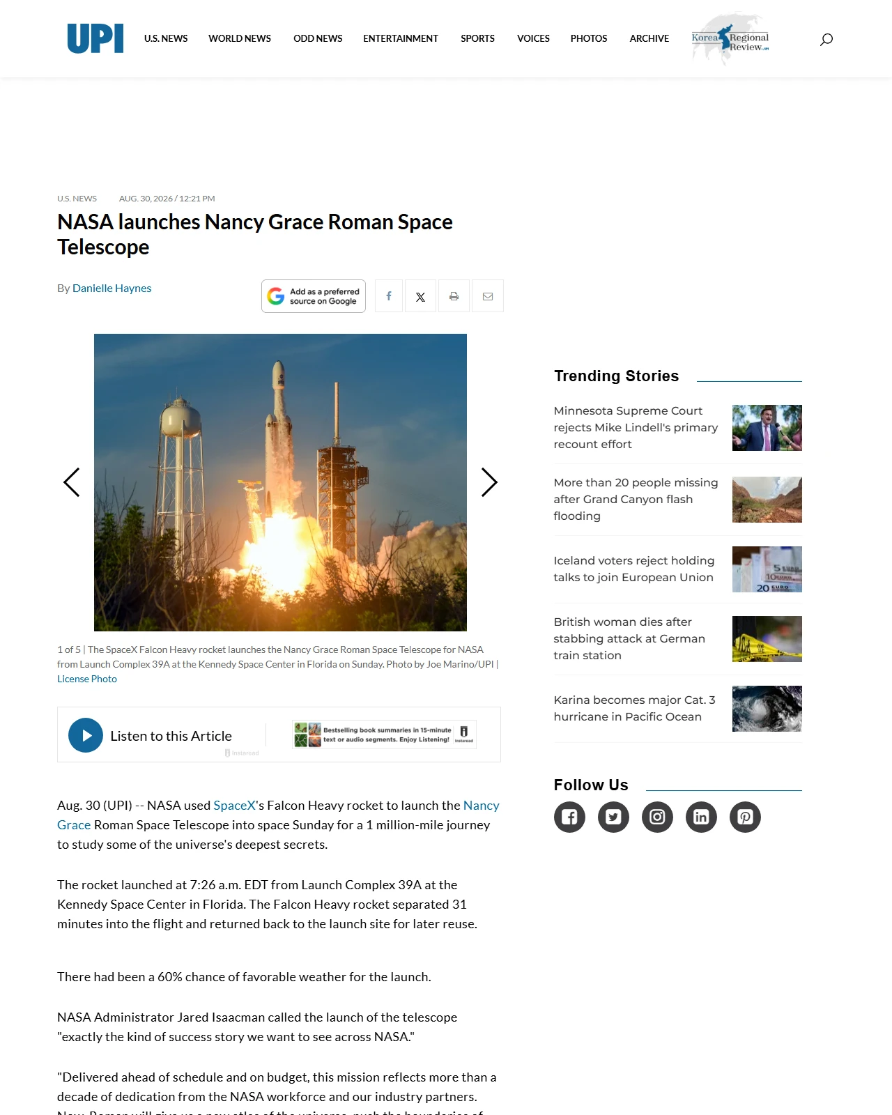 upi.com as published: NASA launches Nancy Grace Roman Space Telescope via SpaceX Falcon Heavy rocket