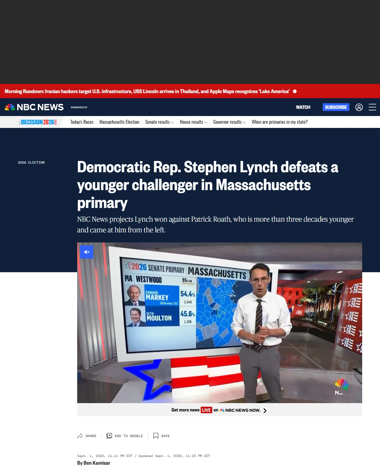 nbcnews.com as published: Democratic Rep. Stephen Lynch defeats a younger challenger in Massachusetts primary