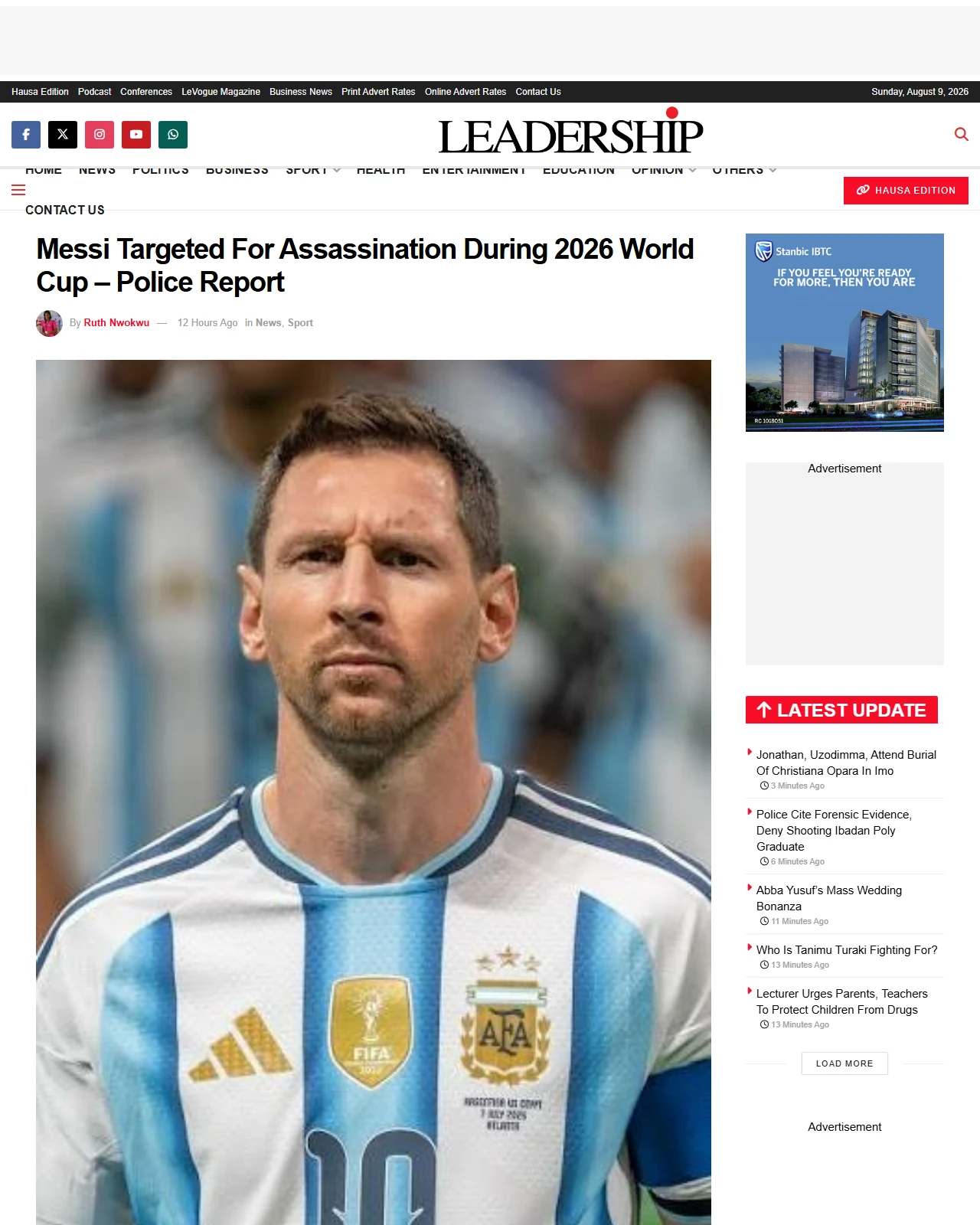 leadership.ng as published: Messi Targeted For Assassination During 2026 World Cup – Police Report