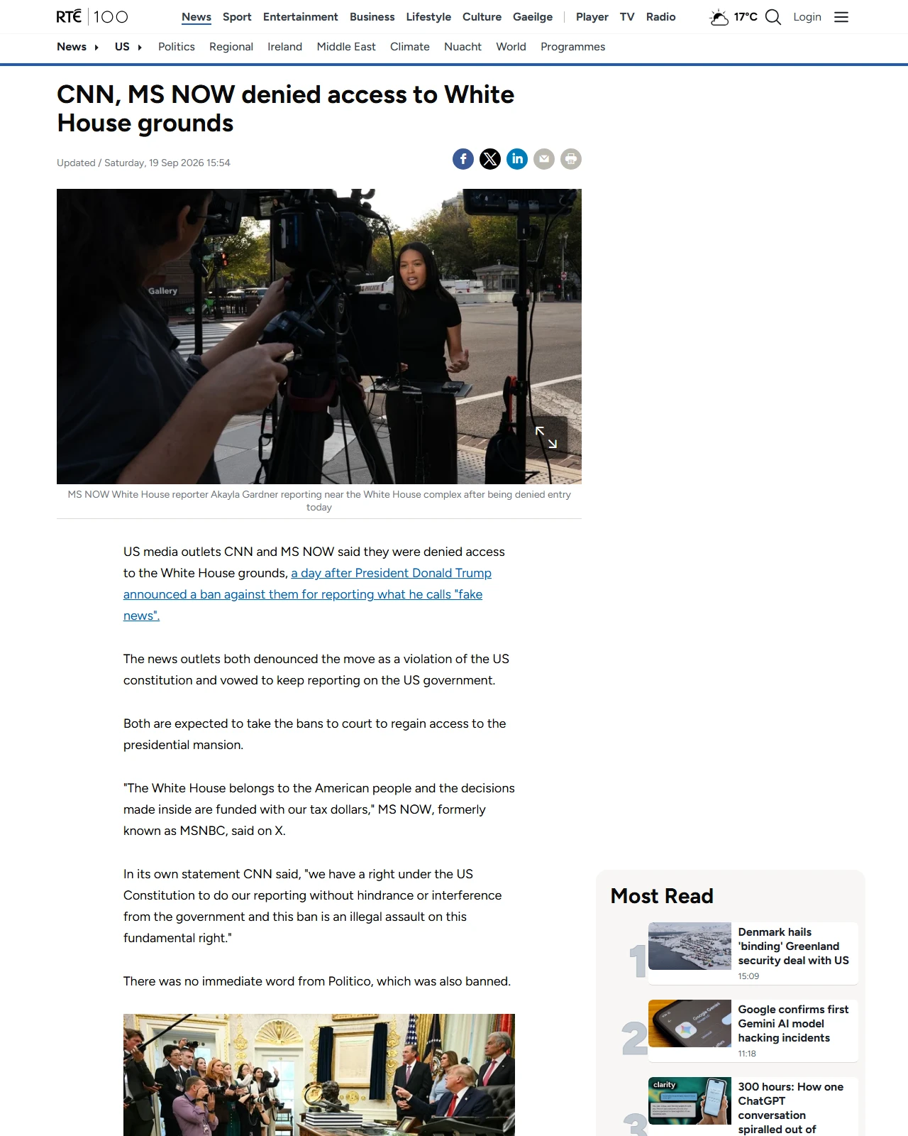 rte.ie as published: White House refuses CNN, MS NOW reporters after Trump ban