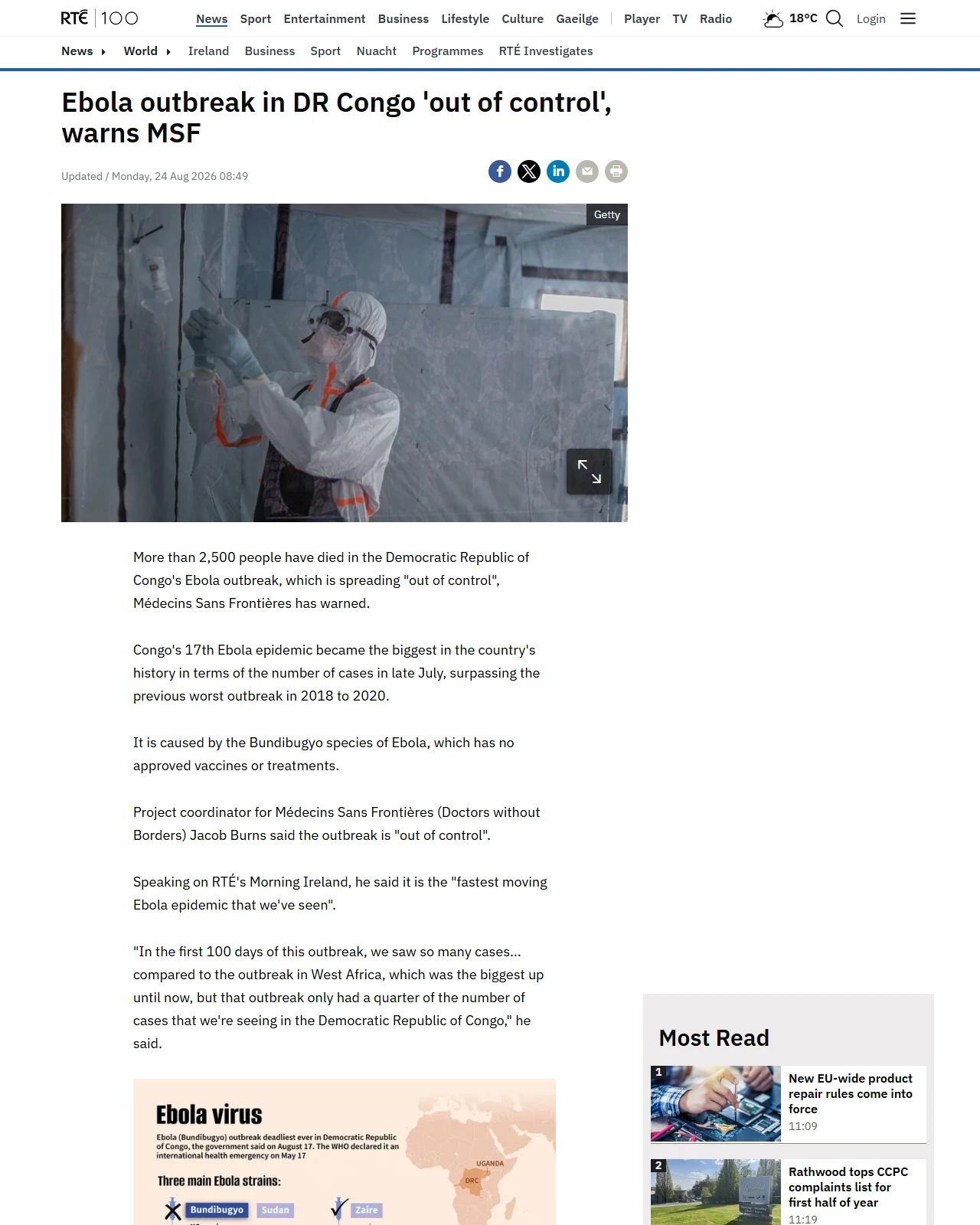 rte.ie as published: Ebola outbreak in DR Congo 'out of control', warns MSF
