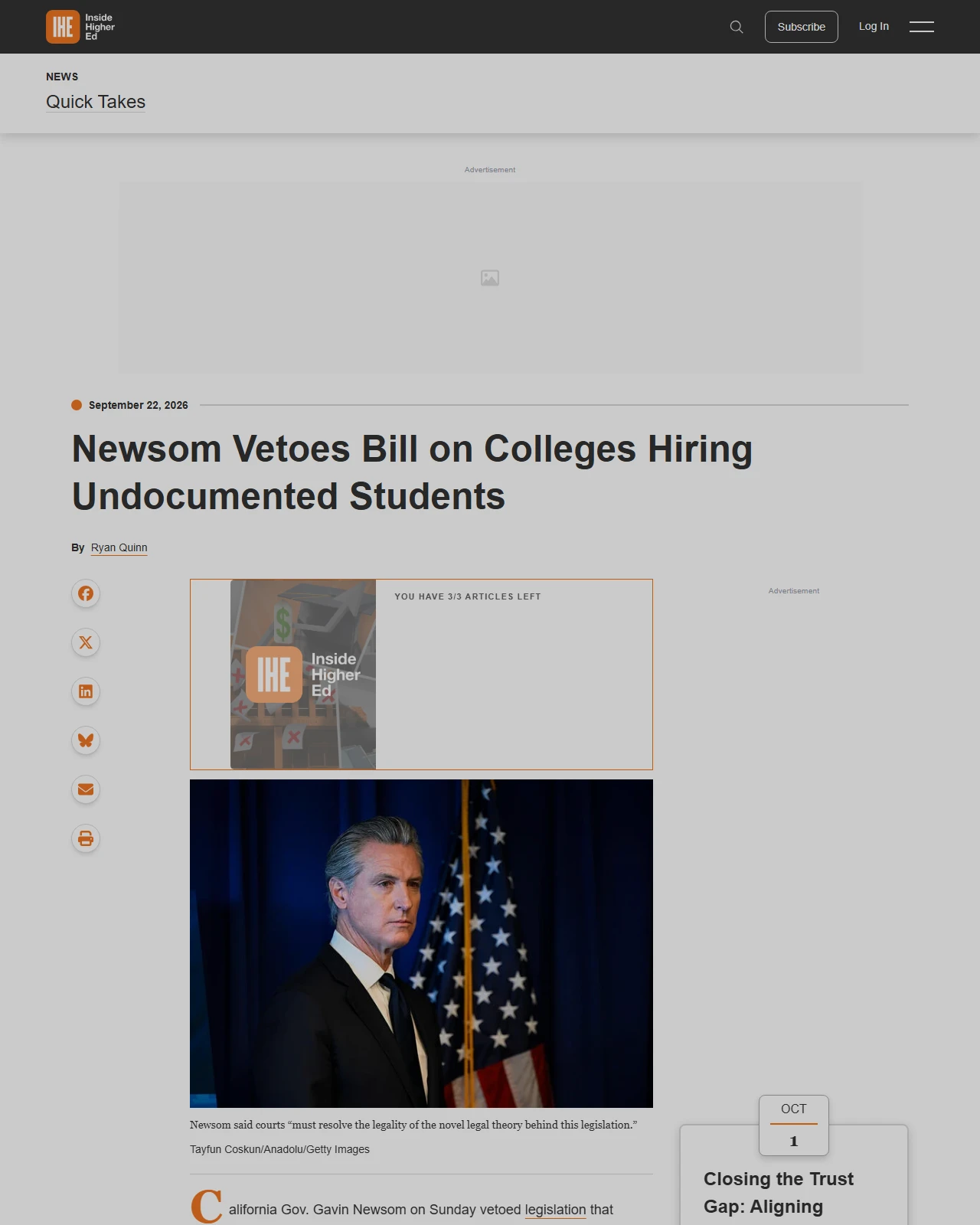 insidehighered.com as published: Newsom Vetoes Bill on Colleges Hiring Undocumented Students