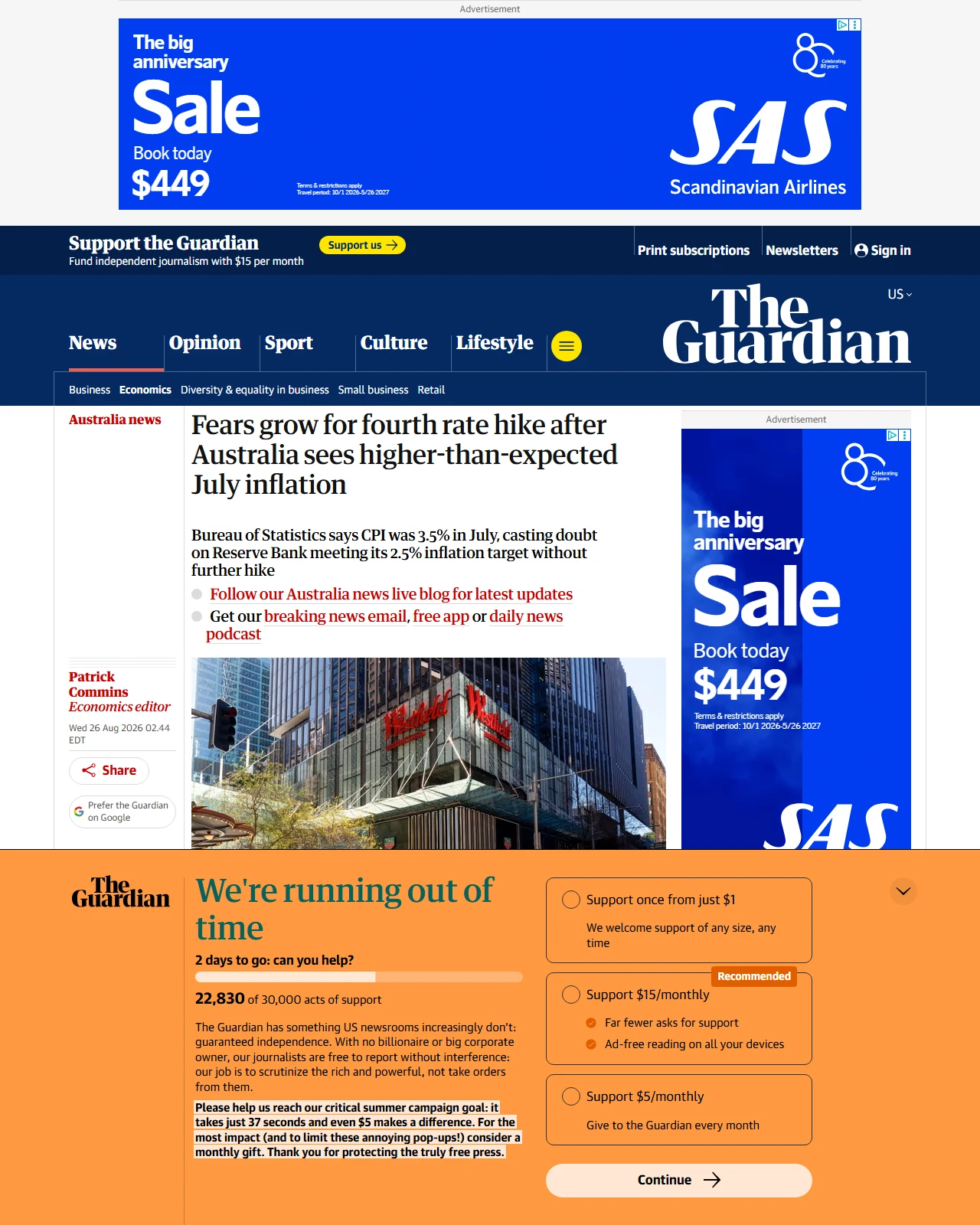 theguardian.com as published: Fears grow for fourth rate hike after Australia sees higher-than-expected July inflation