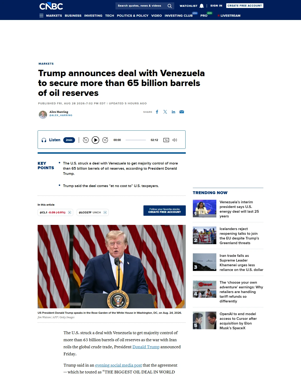 cnbc.com as published: Trump announces deal with Venezuela to secure more than 65 billion barrels of oil reserves