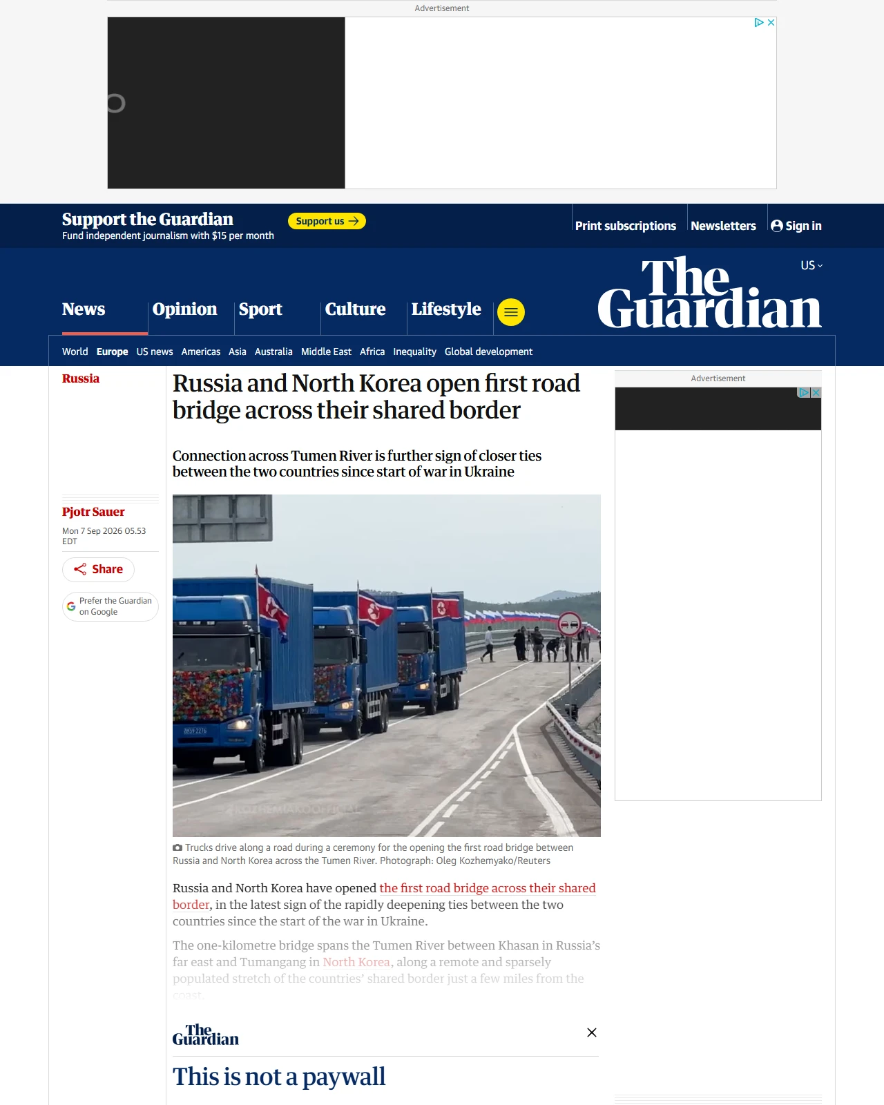 theguardian.com as published: Russia and North Korea open first road bridge across their shared border