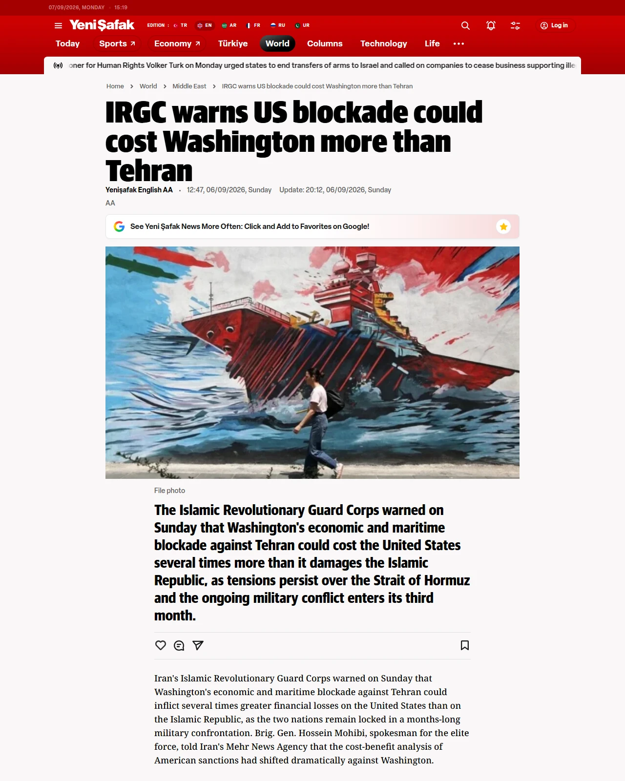 en.yenisafak.com as published: IRGC warns US blockade could cost Washington more than Tehran