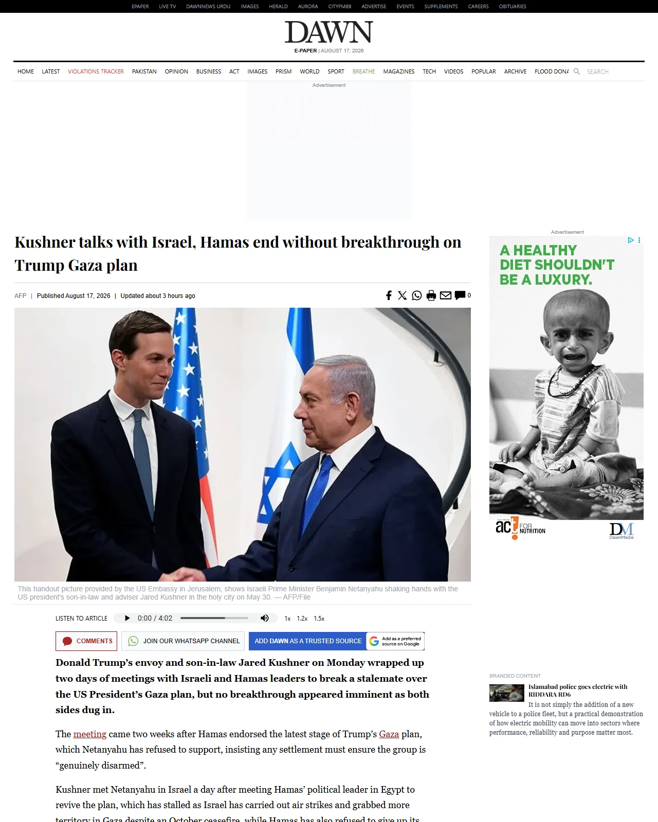 dawn.com as published: Kushner talks with Israel, Hamas end without breakthrough on Trump Gaza plan