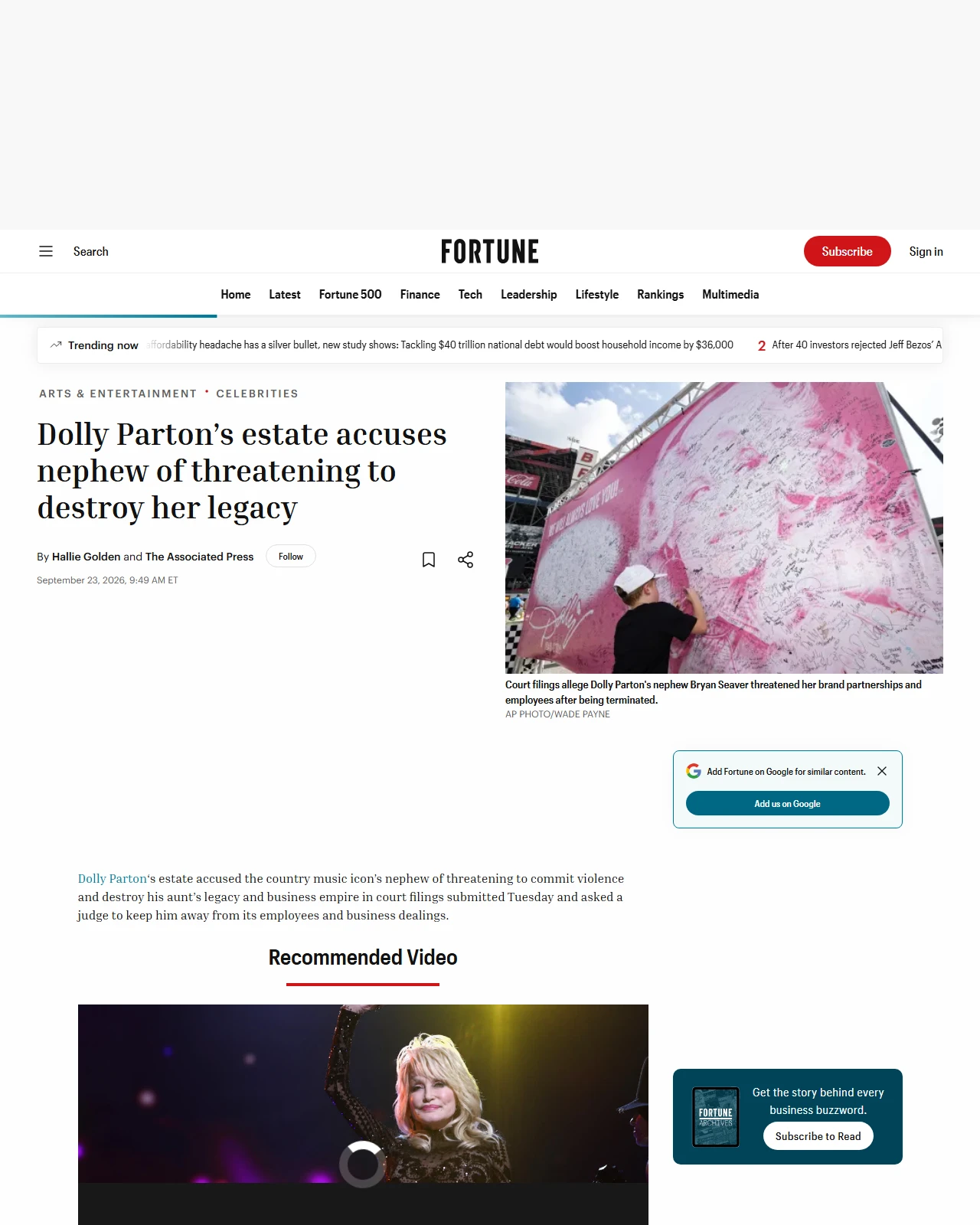 fortune.com as published: Dolly Parton’s estate accuses nephew of threatening to destroy her legacy