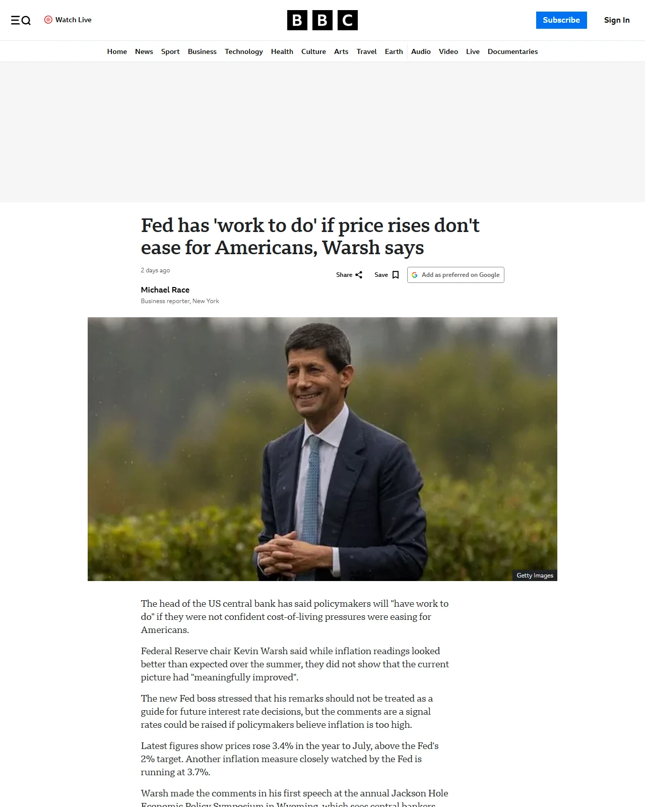 bbc.co.uk as published: Fed has 'work to do' if price rises don't ease for Americans, Warsh says