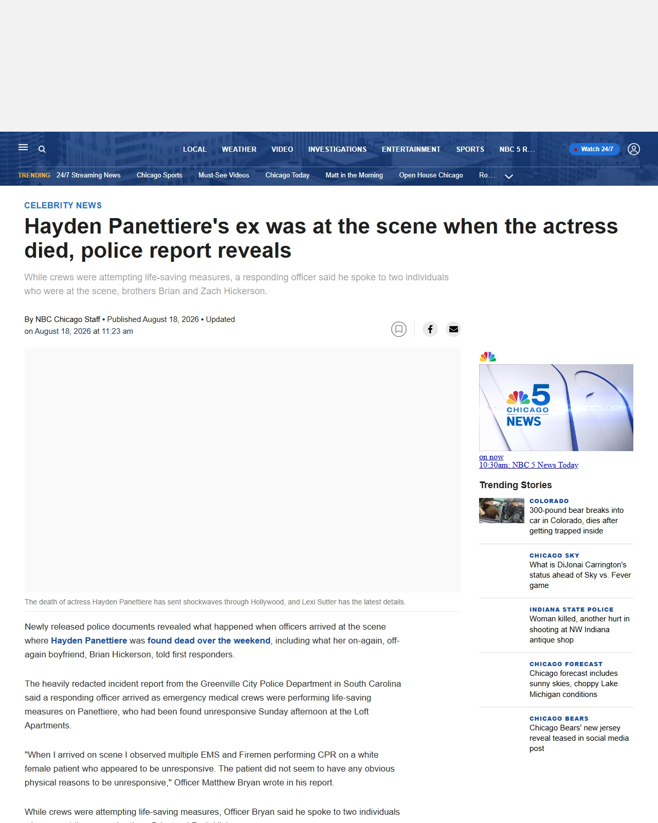 nbcchicago.com as published: Hayden Panettiere's ex was at the scene when the actress died, police report reveals