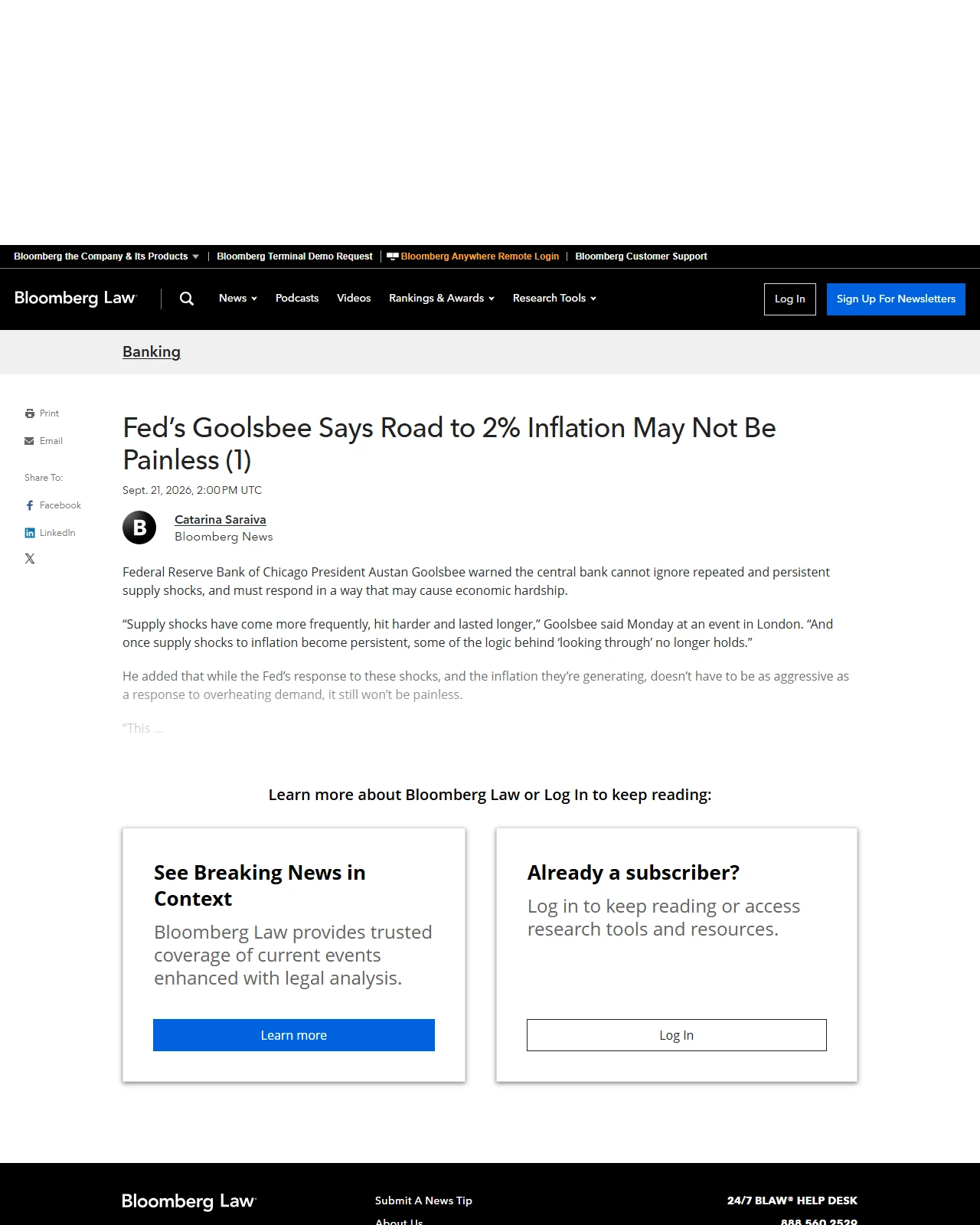 news.bloomberglaw.com as published: Fed’s Goolsbee Says Road to 2% Inflation May Not Be Painless