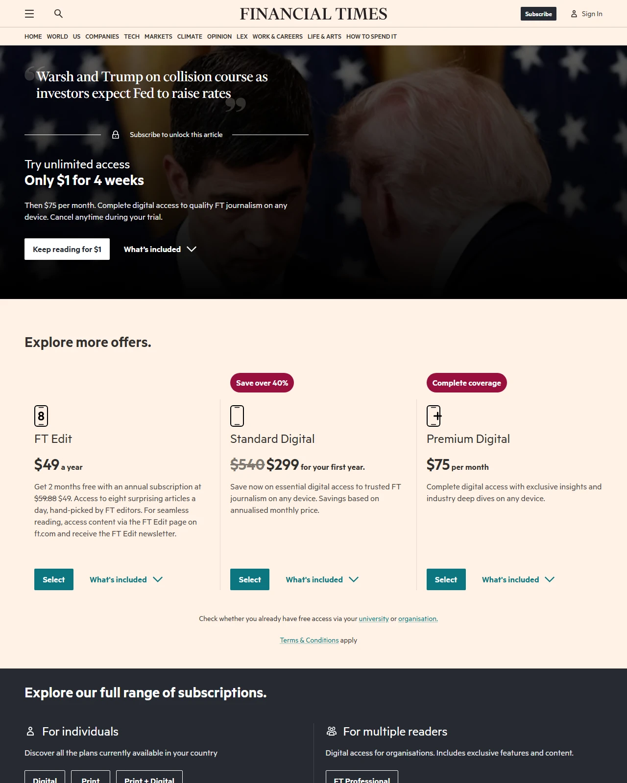 ft.com as published: Warsh and Trump on collision course as investors expect Fed to raise rates