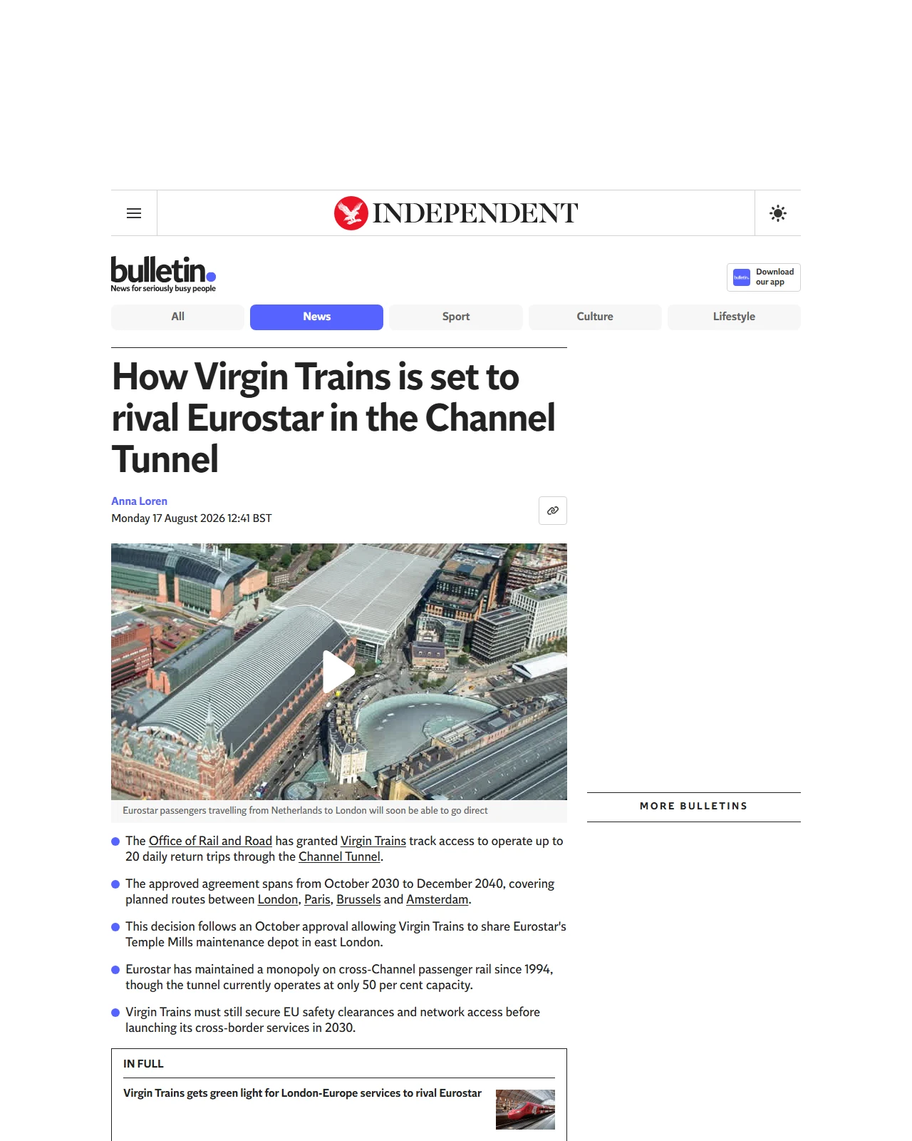 independent.co.uk as published: How Virgin Trains is set to rival Eurostar in the Channel Tunnel
