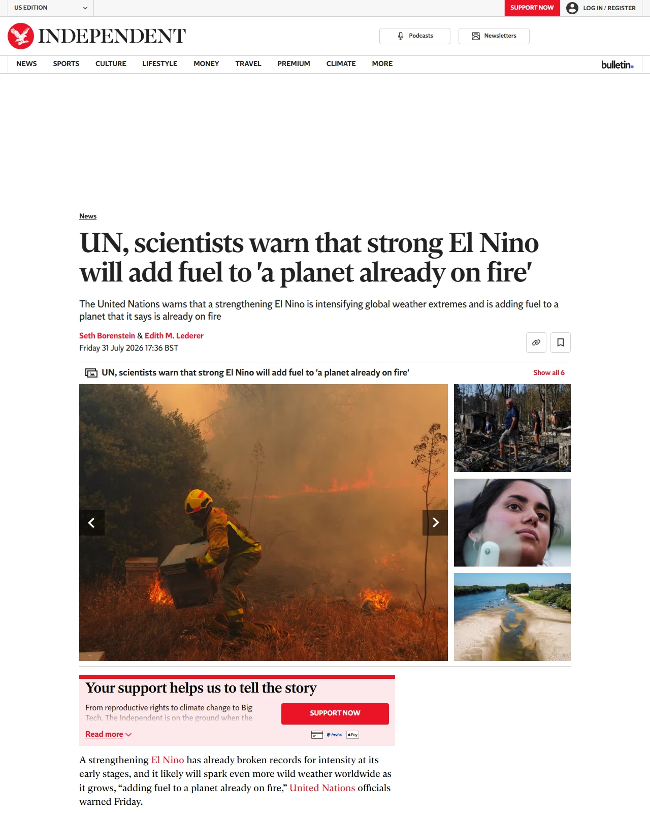 independent.co.uk as published: UN, scientists warn that strong El Nino will add fuel to 'a planet already on fire'