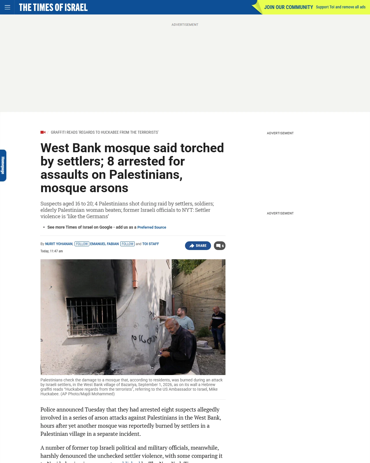 timesofisrael.com as published: West Bank mosque said torched by settlers; 8 arrested for assaults on Palestinians, mosque arsons