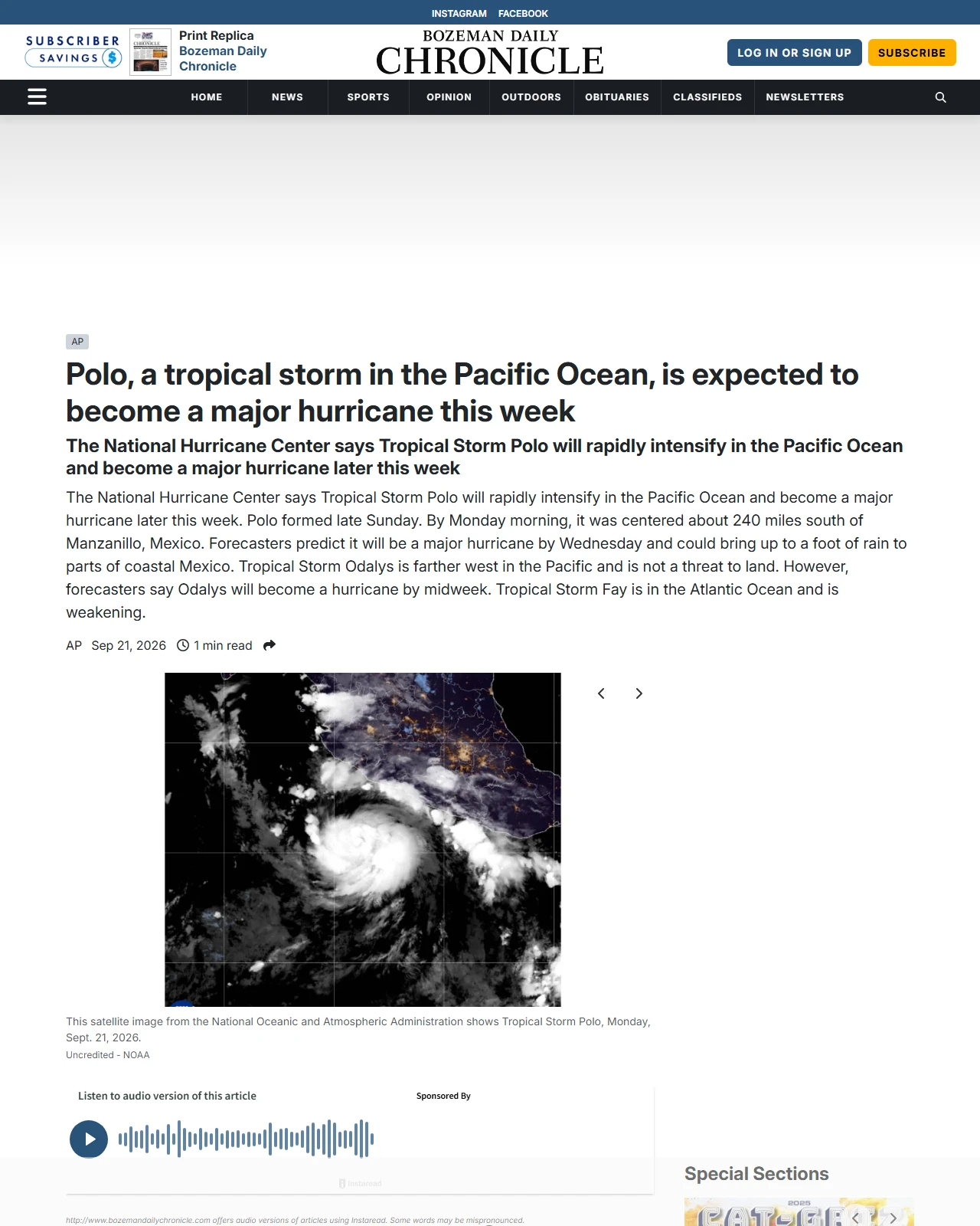 bozemandailychronicle.com as published: Polo, a tropical storm in the Pacific Ocean, is expected to become a major hurricane this week