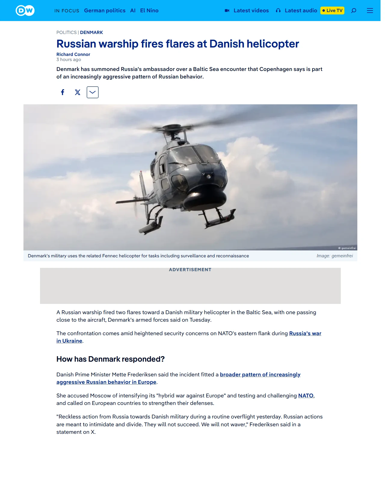 dw.com as published: Russian warship fires flares at Danish helicopter