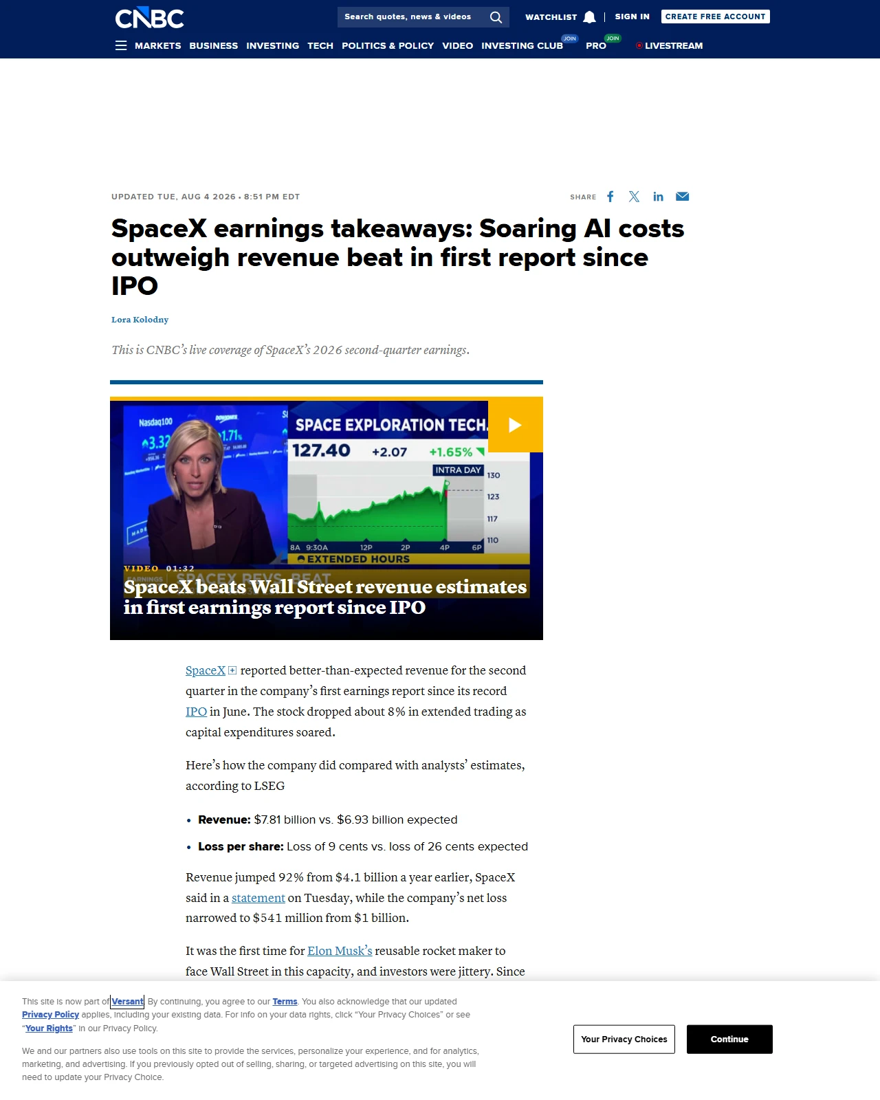 cnbc.com as published: SpaceX earnings takeaways: Soaring AI costs outweigh revenue beat in first report since IPO
