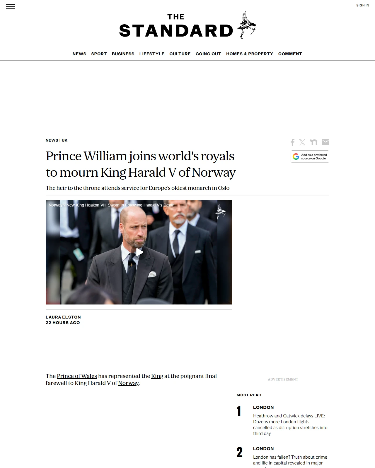 standard.co.uk as published: Prince William joins world's royals to mourn King Harald V of Norway