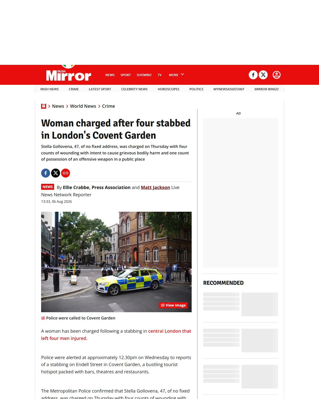 irishmirror.ie as published: Woman charged after four stabbed in London's Covent Garden
