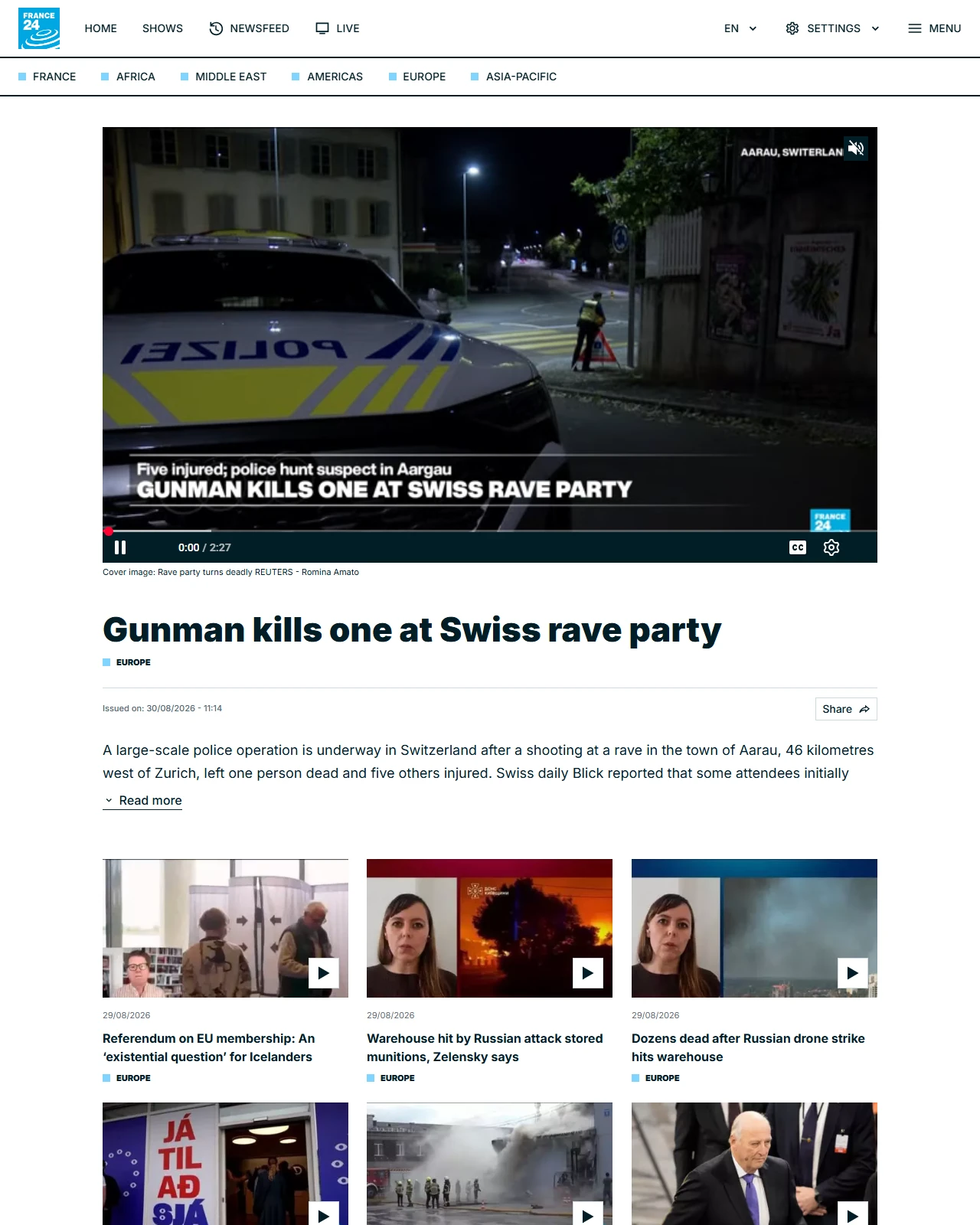 france24.com as published: Gunman kills one at Swiss rave party