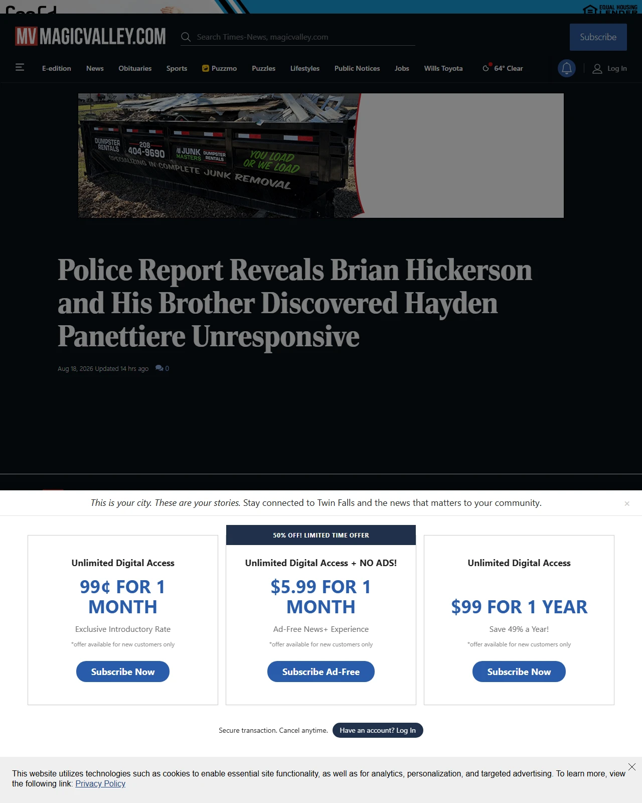 magicvalley.com as published: Police Report Reveals Brian Hickerson and His Brother Discovered Hayden Panettiere Unresponsive