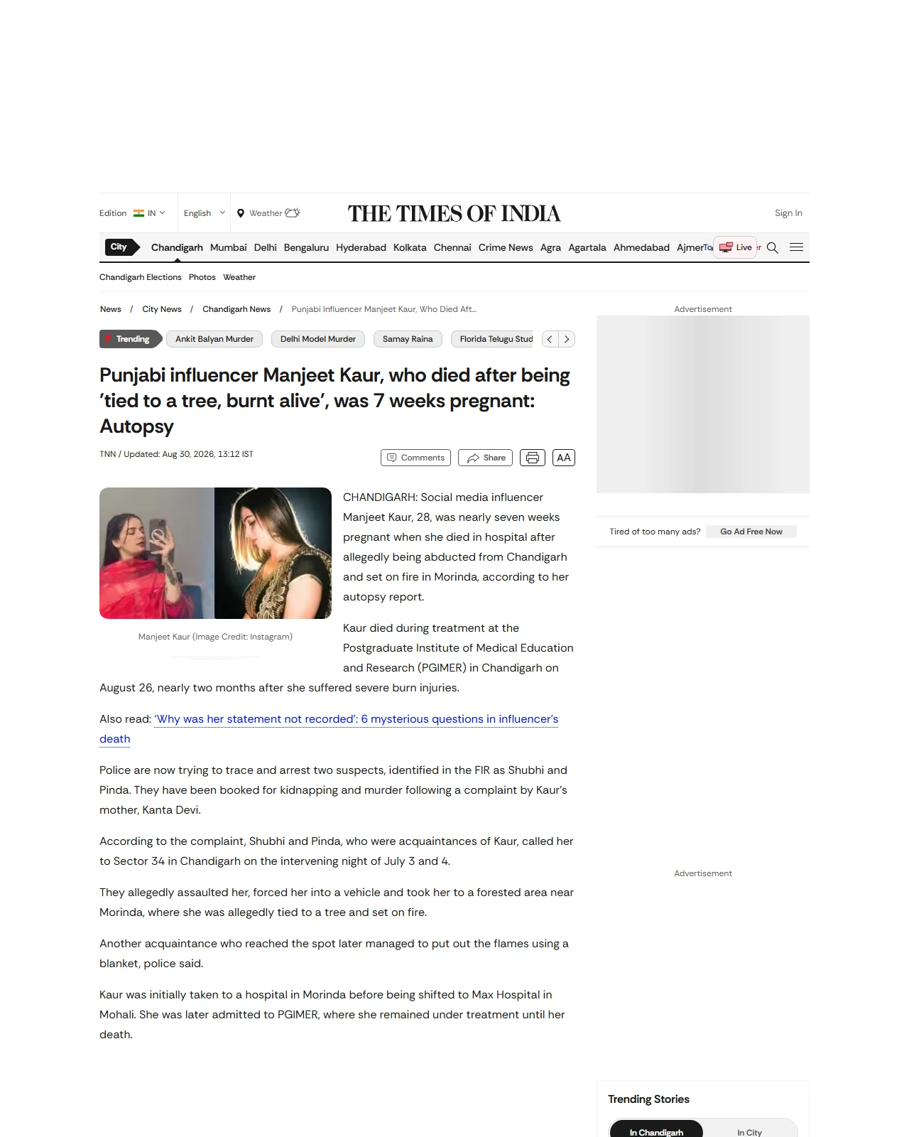 timesofindia.indiatimes.com as published: Punjabi influencer Manjeet Kaur, who died after being 'tied to a tree, burnt alive', was 7 weeks pregnant