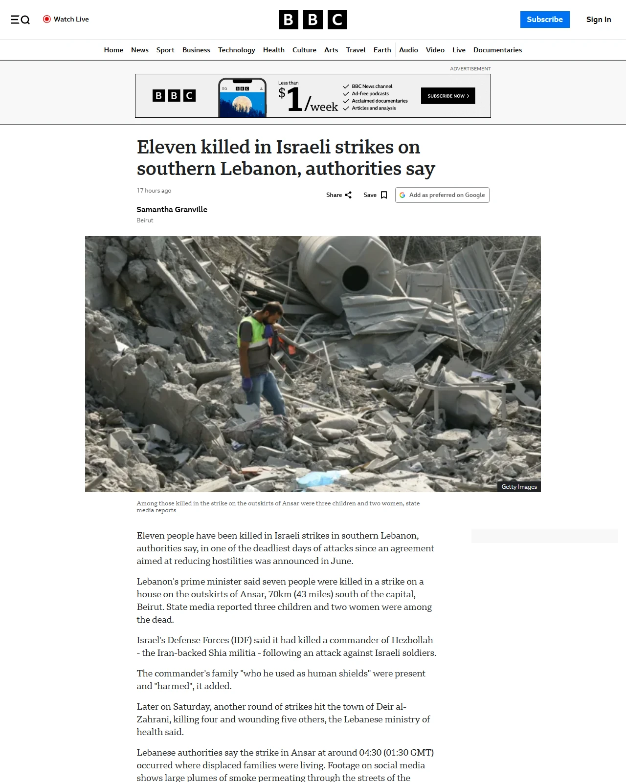 bbc.co.uk as published: Eleven killed in Israeli strikes on southern Lebanon, authorities say