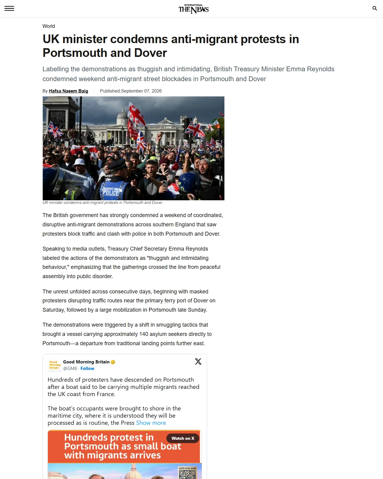 thenews.com.pk as published: UK minister condemns anti-migrant protests in Portsmouth and Dover