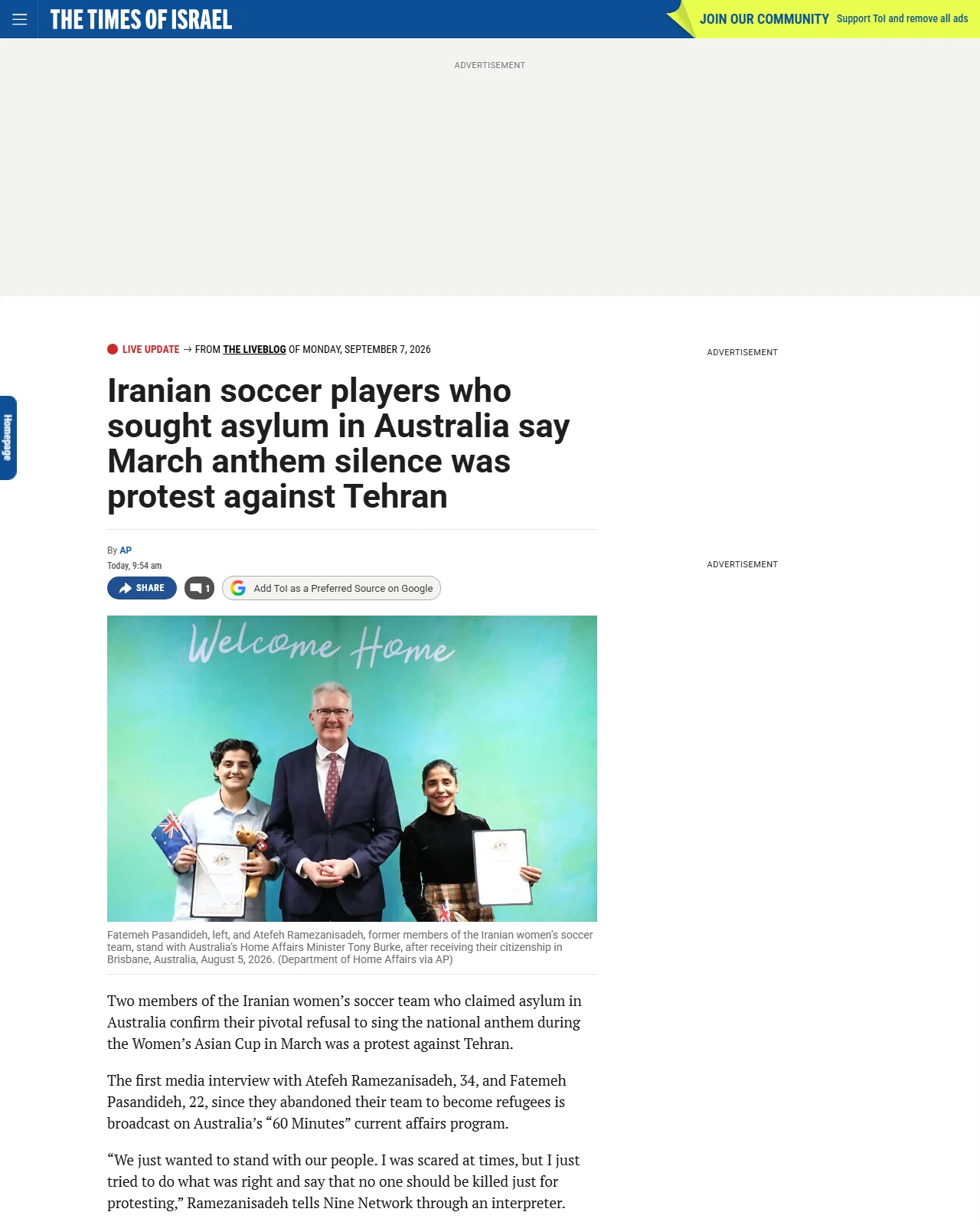 timesofisrael.com as published: Iranian soccer players who sought asylum in Australia say March anthem silence was protest against Tehran
