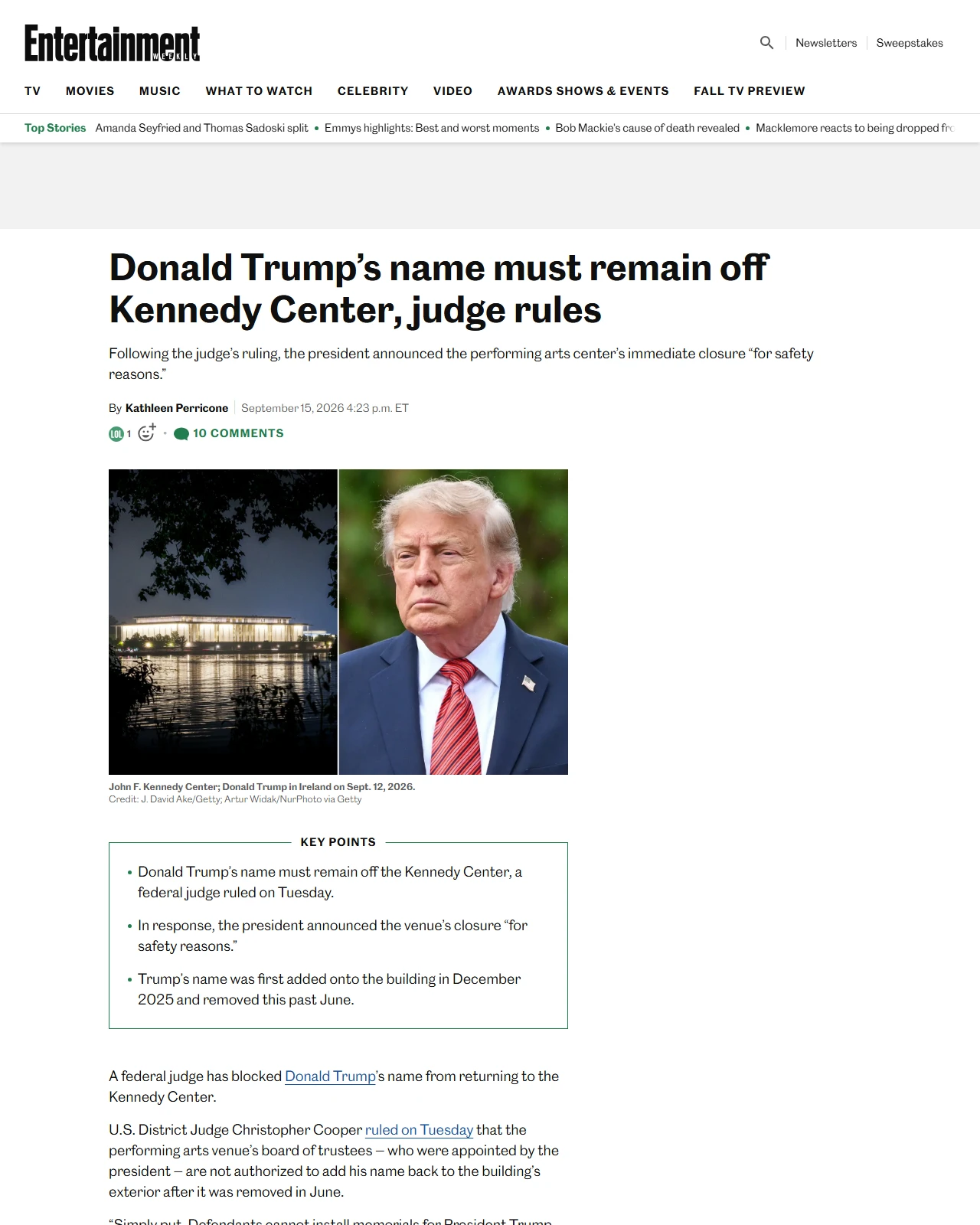 ew.com as published: Donald Trump’s name must remain off Kennedy Center, judge rules