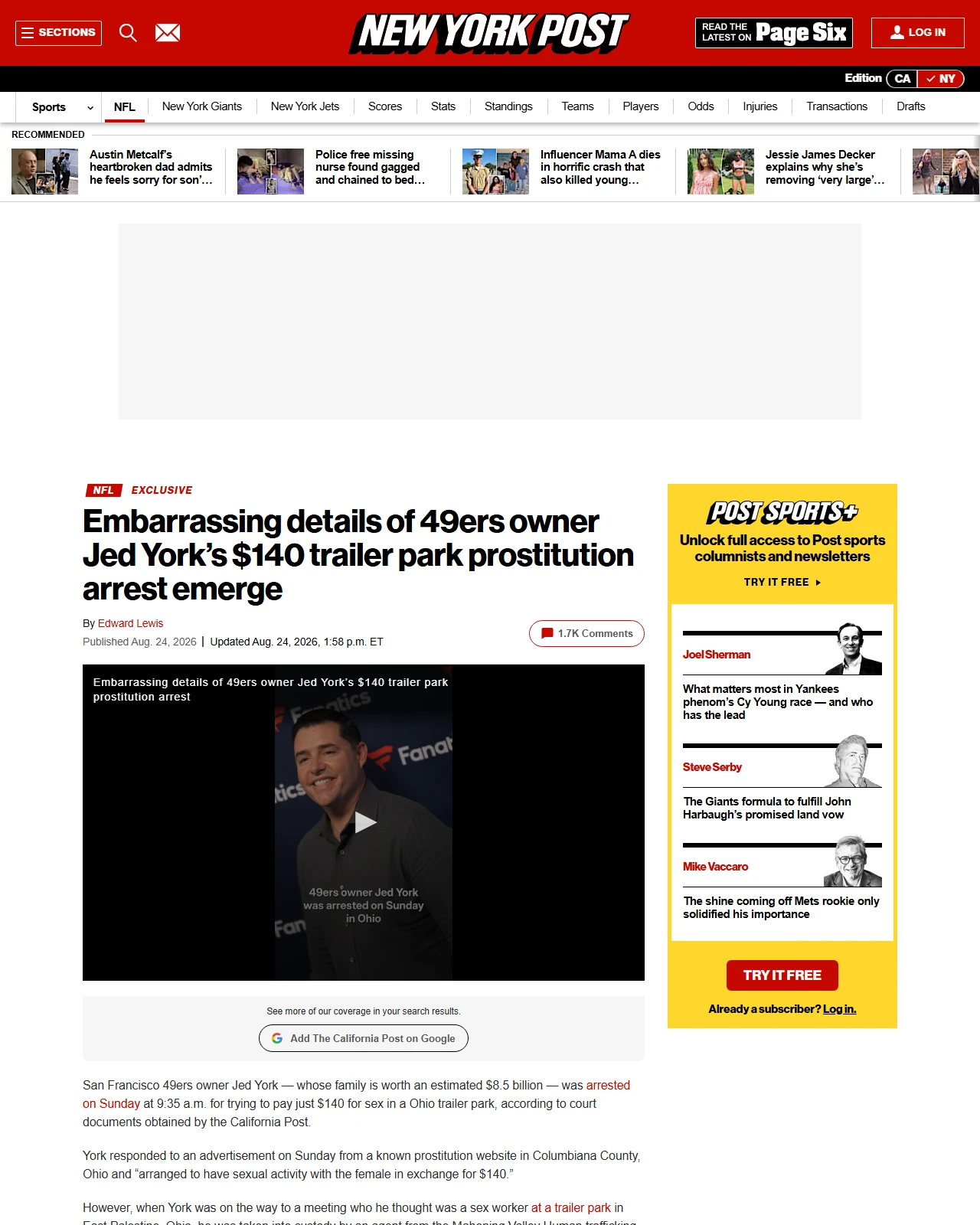 nypost.com as published: Exclusive | Embarrassing details of 49ers owner Jed York’s $140 trailer park prostitution arrest emerge