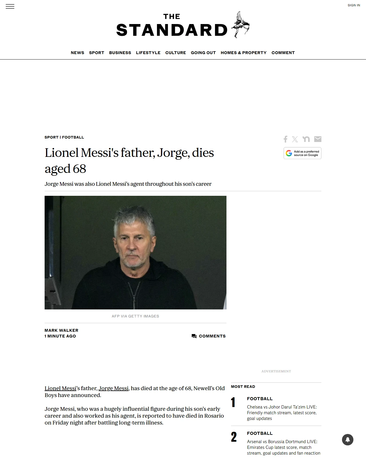 standard.co.uk as published: Lionel Messi's father, Jorge, dies aged 68