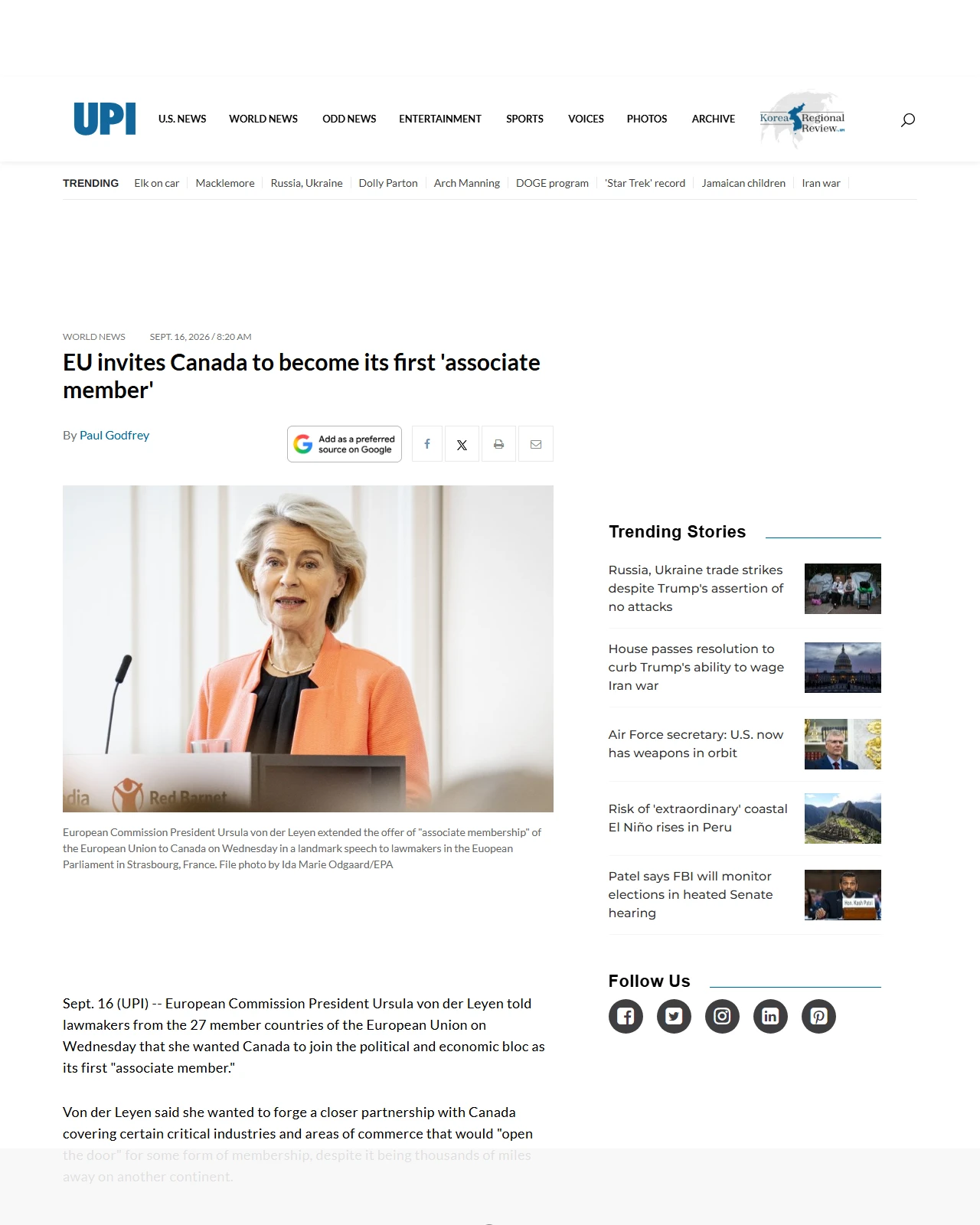 upi.com as published: EU invites Canada to become its first 'associate member'