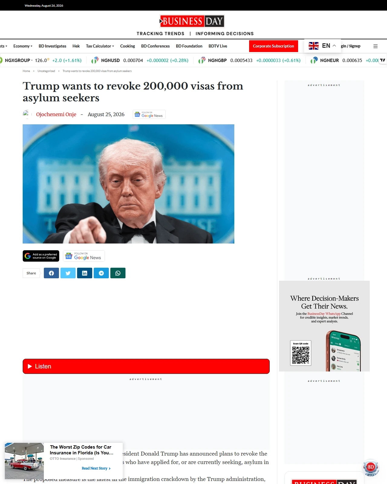 businessday.ng as published: Trump wants to revoke 200,000 visas from asylum seekers