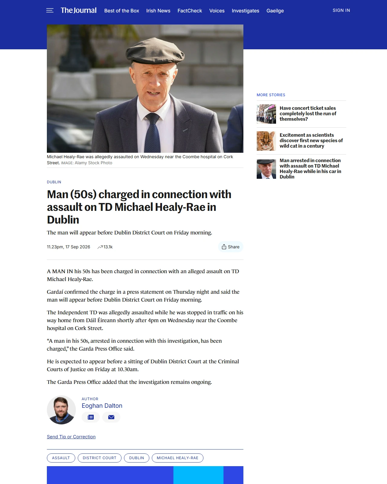 thejournal.ie as published: Man (50s) charged in connection with assault on TD Michael Healy-Rae in Dublin