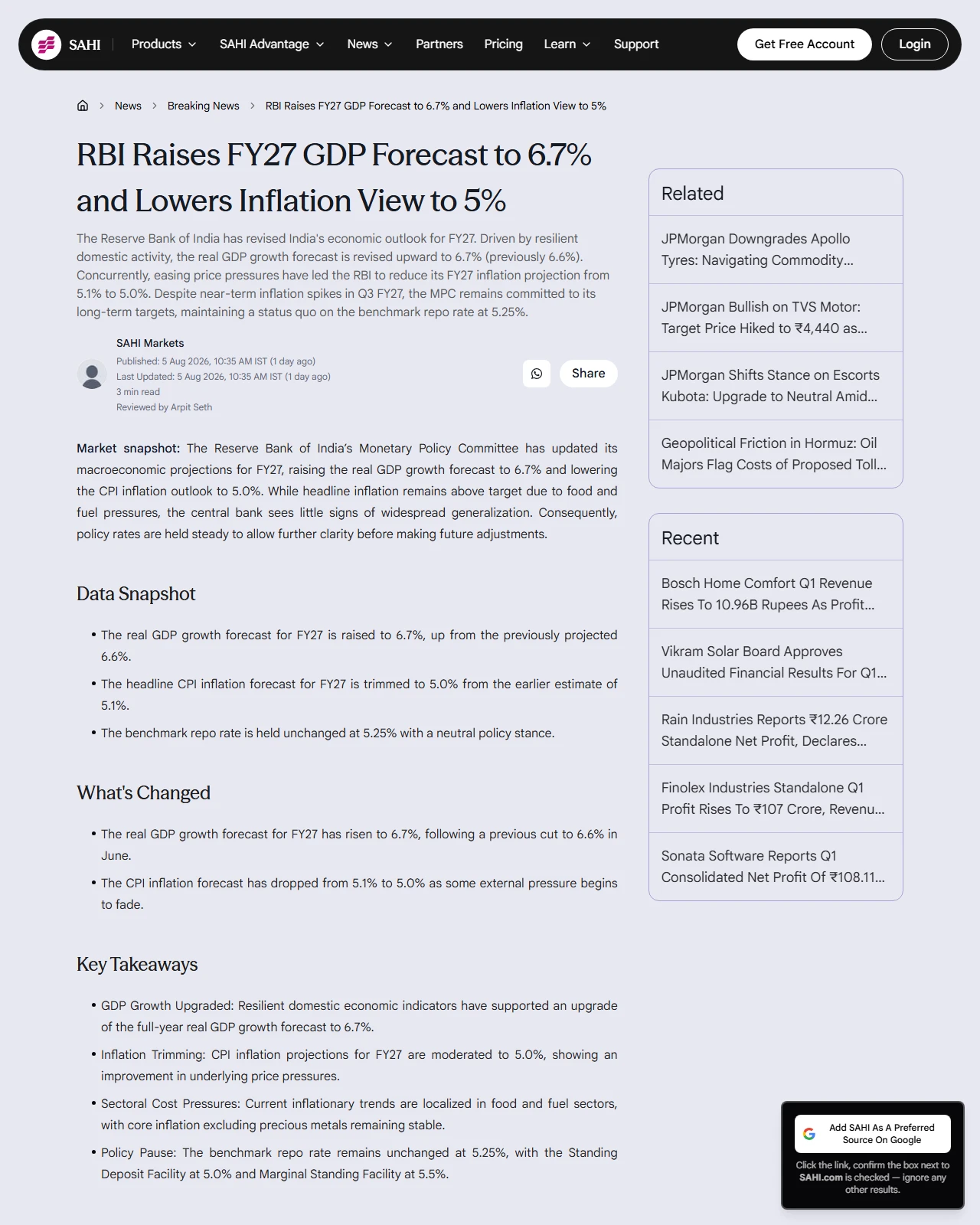 sahi.com as published: RBI Raises FY27 GDP Forecast to 6.7% and Lowers Inflation View to 5%