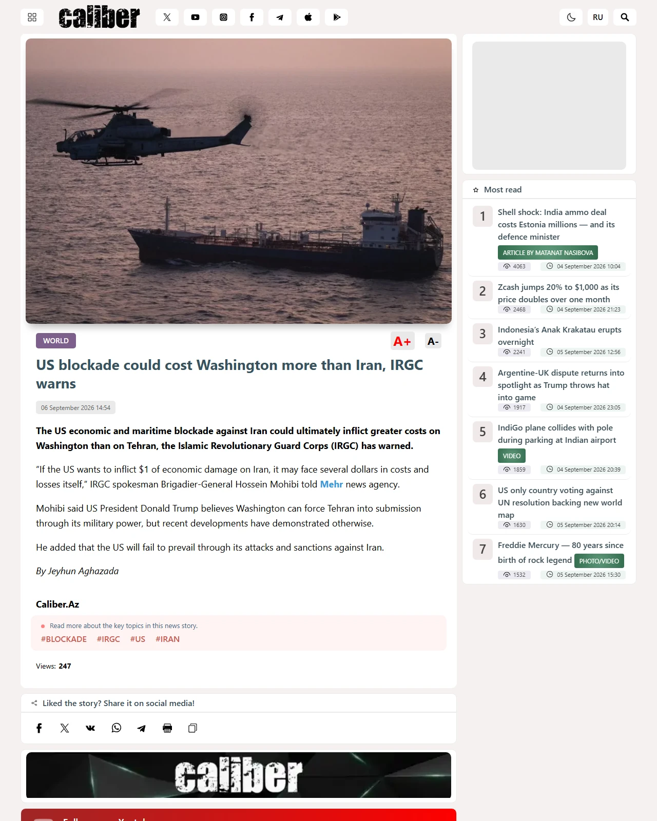caliber.az as published: US blockade could cost Washington more than Iran, IRGC warns