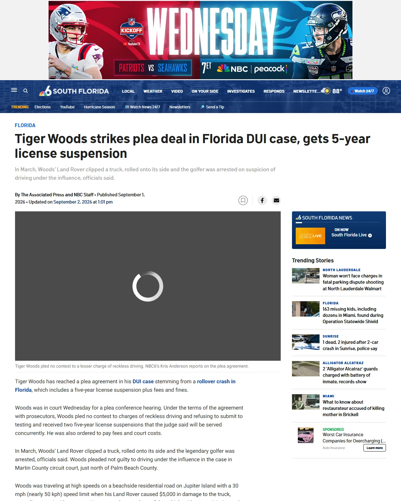 nbcmiami.com as published: Tiger Woods strikes plea deal in Florida DUI case, gets 5-year license suspension